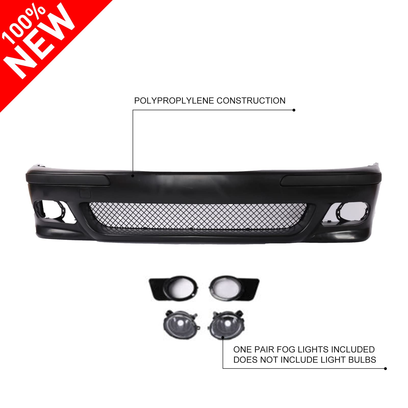 PENSUN M5 Style Front Bumper Replacement for 1996-2003 BMW E39 5 Series with Fog Lights | Perfect Upgrade for Enhanced Style & Performance