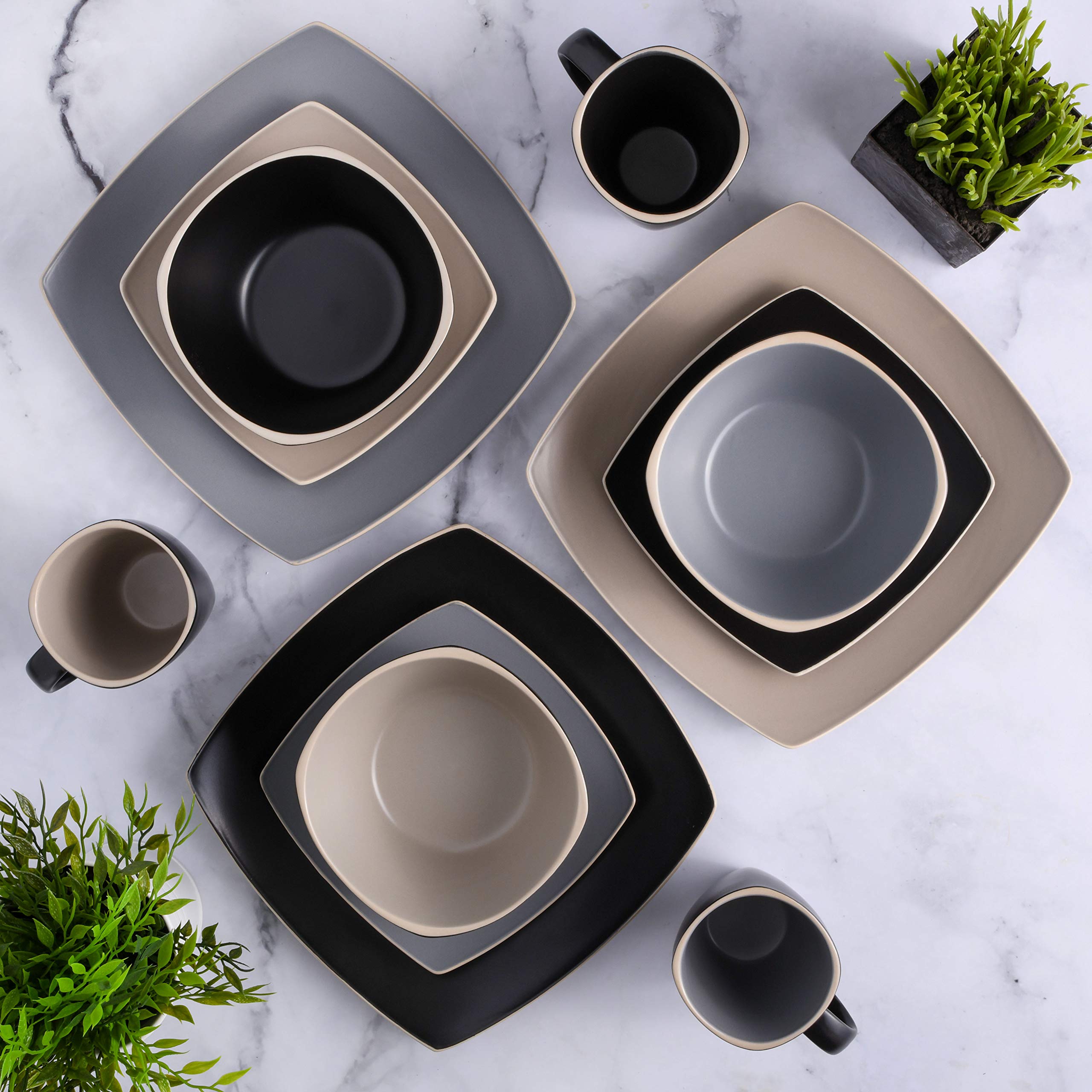 Premium Gibson Elite Soho Lounge 16-Piece Dinnerware Set for 4 - Matte Gray Stoneware Plates, Bowls & Mugs - Elegant Modern Tableware for Dining, Entertaining & Everyday Use
