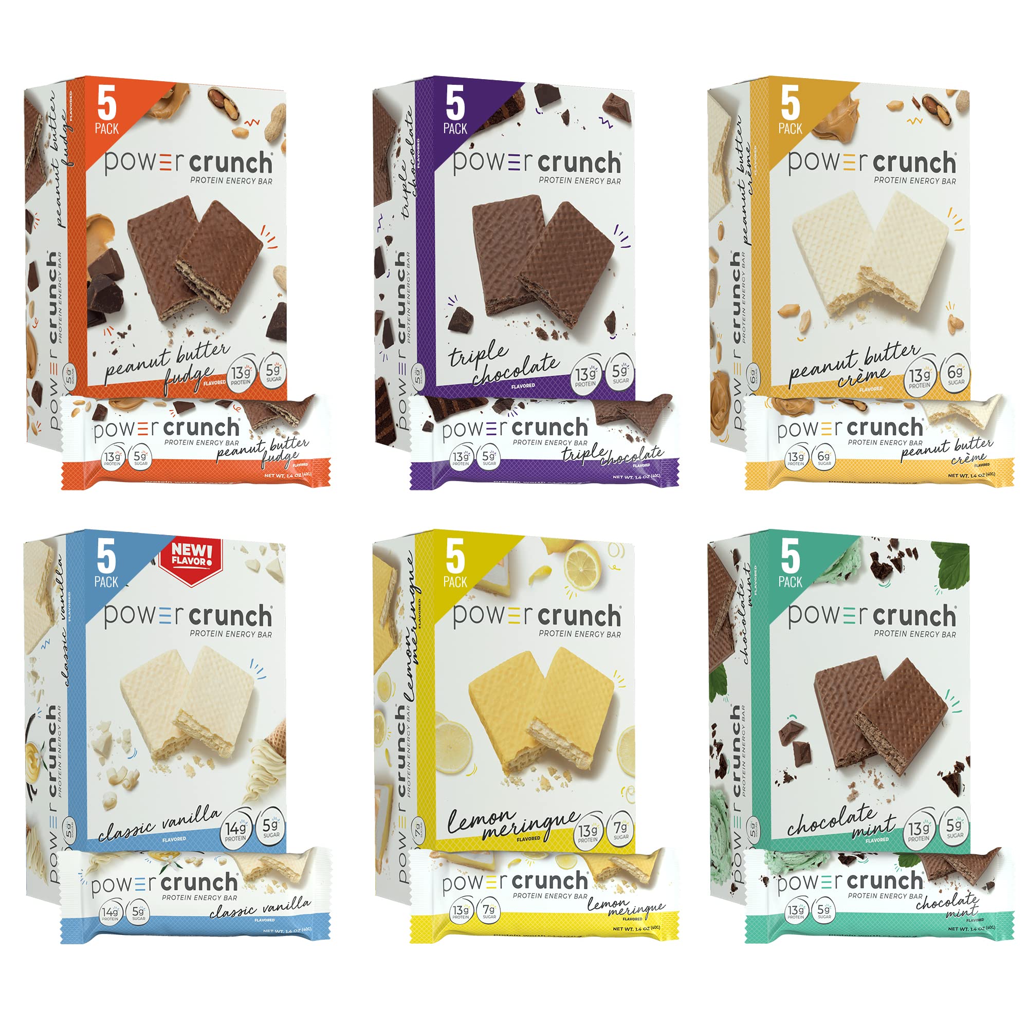 Power Crunch Protein Wafer Bars Variety Pack - 6 Delicious Flavors, 1.4oz Bars (30 Count) - High Protein Snack for Energy, Workout Recovery & On-the-Go Nutrition - Perfect for Gym, Hiking & Office Snacking
