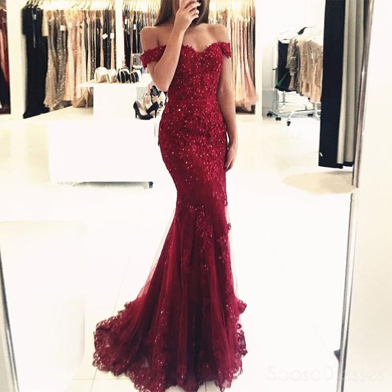 **Burgundy Off Shoulder Lace Beaded Mermaid Prom Dress – Long Sexy Evening Gown for Women – Perfect for Prom, Homecoming, and Formal Events**