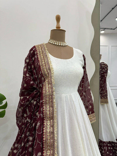 Elegant White & Maroon Chinon Silk Anarkali Gown with Dupatta Set of 2 - Perfect for Weddings, Parties & Festive Occasions