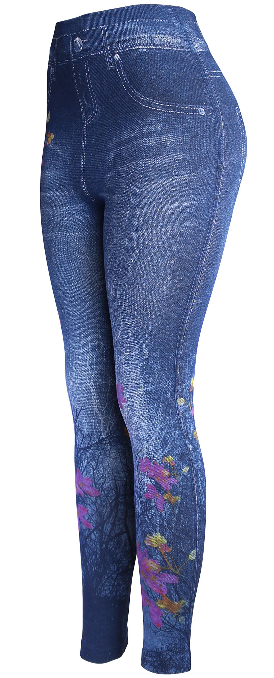 KMystic Women's Denim Print Faux Jeans Leggings - Stretchy Jeggings for Casual Wear, Work & Everyday Comfort