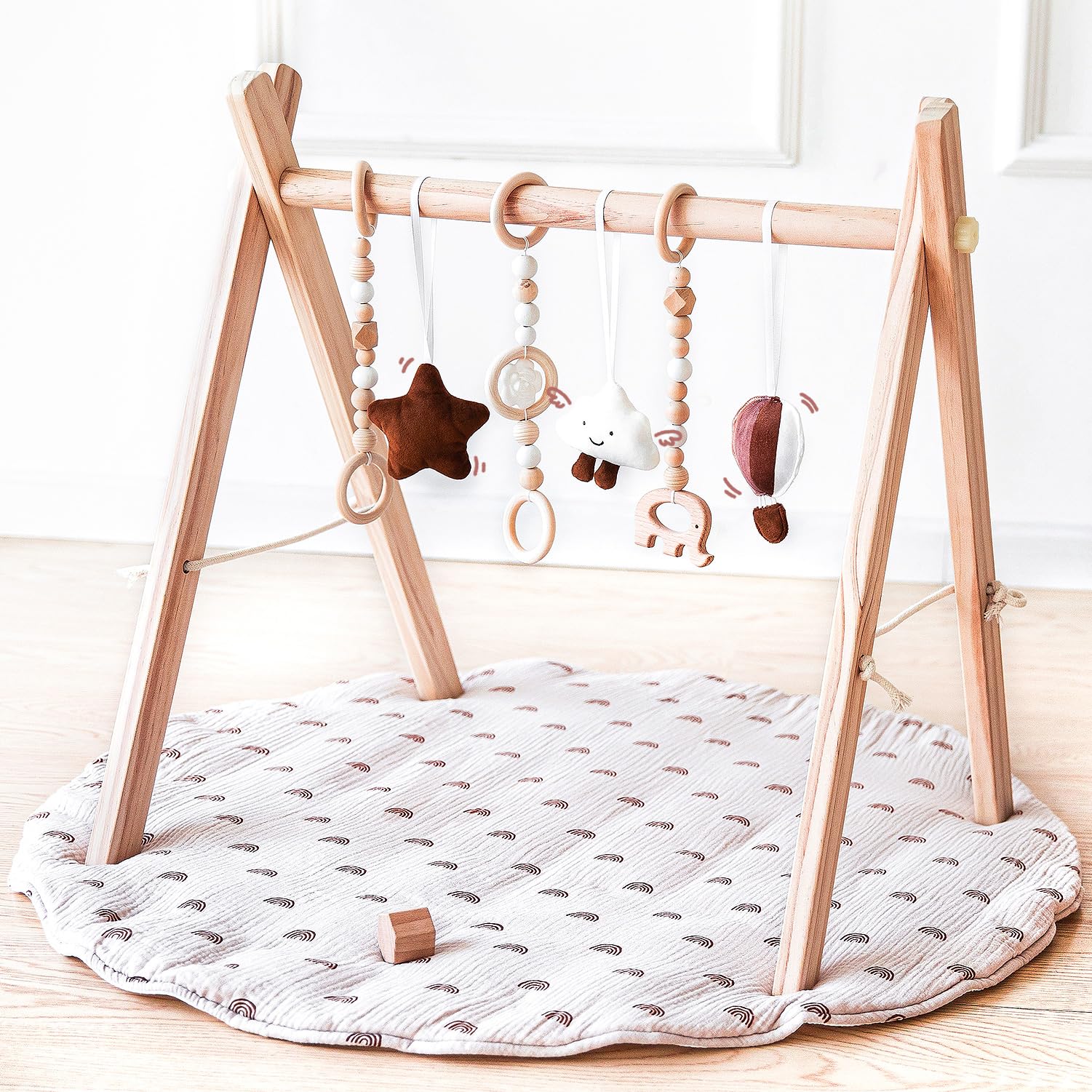 Wooden Baby Play Gym with Mat - Foldable Activity Gym Frame with 6 Hanging Toys & Rainbow Playmat for Newborns & Infants (Natural Wood) | Perfect for Tummy Time, Sensory Play & Early Development