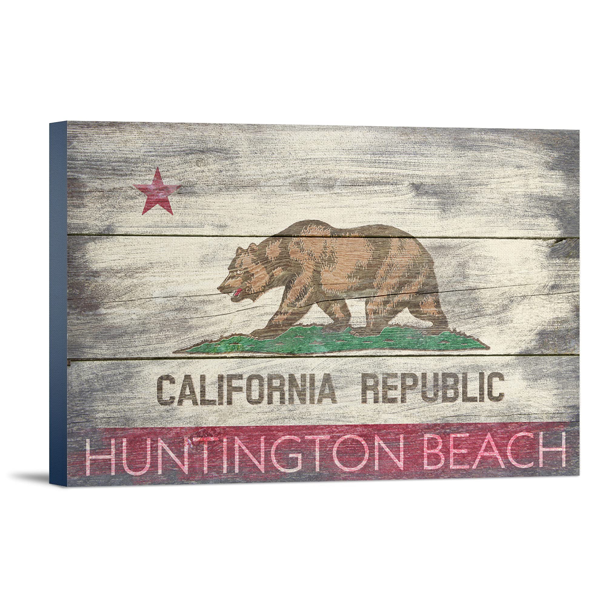 Lantern Press Huntington Beach California Rustic State Flag Art - 12x18 Wrapped Canvas Wall Decor for Home, Office & Coastal Living Spaces