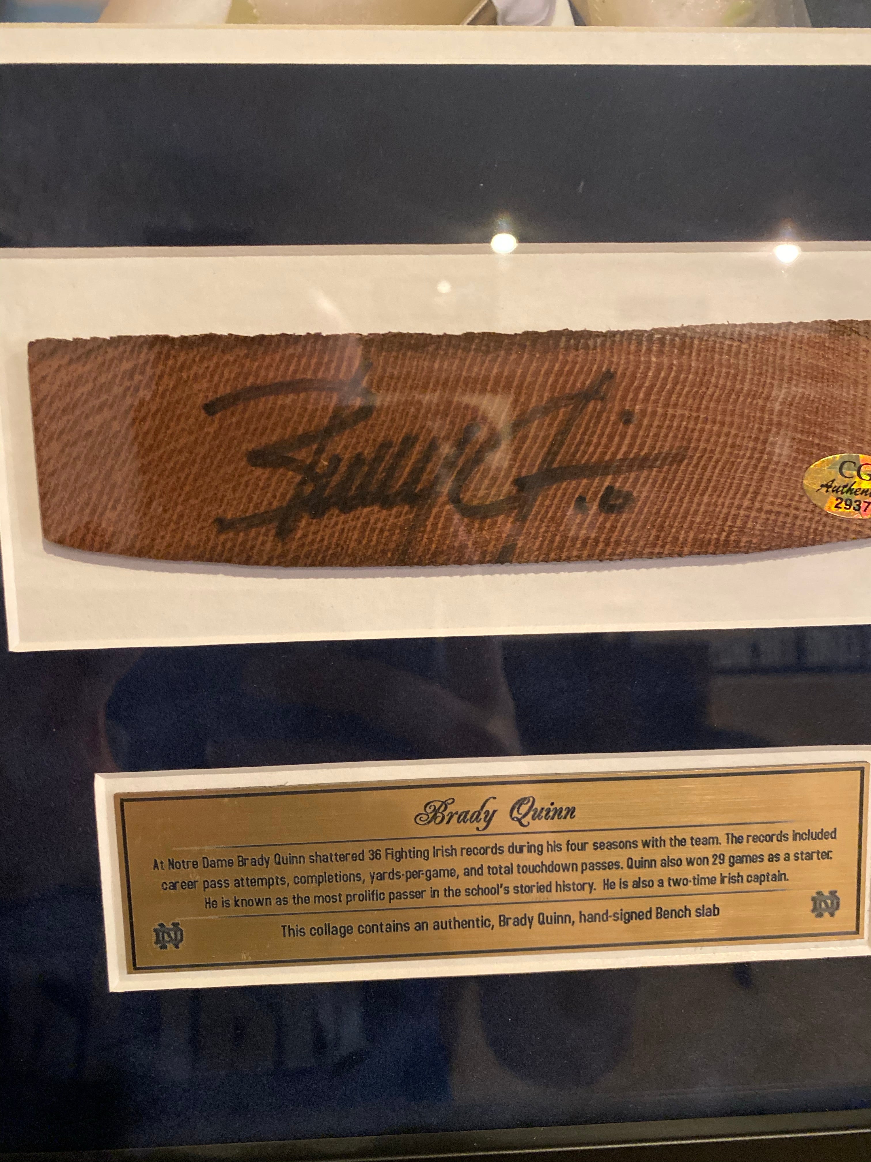 Brady Quinn Autographed Notre Dame Football Jersey Bench Slab Collage - Perfect for Sports Memorabilia Collectors and Fighting Irish Fans