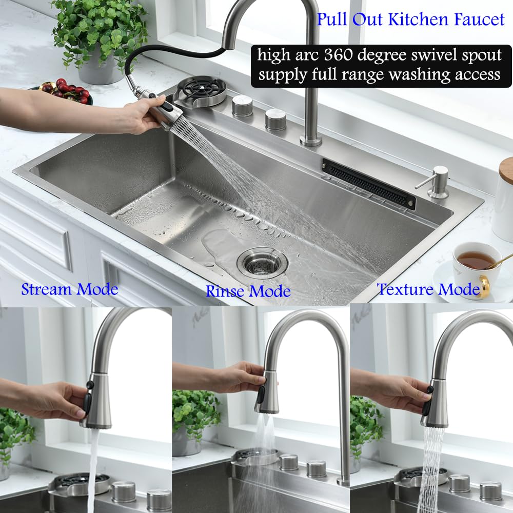 33 Inch Drop-In Waterfall Kitchen Sink with Faucet Combo - Bokaiya 33x22 Stainless Steel Single Bowl Sink, 16 Gauge, Includes Cutting Board & Workstation - Perfect for Modern Kitchens, Food Prep & Entertaining