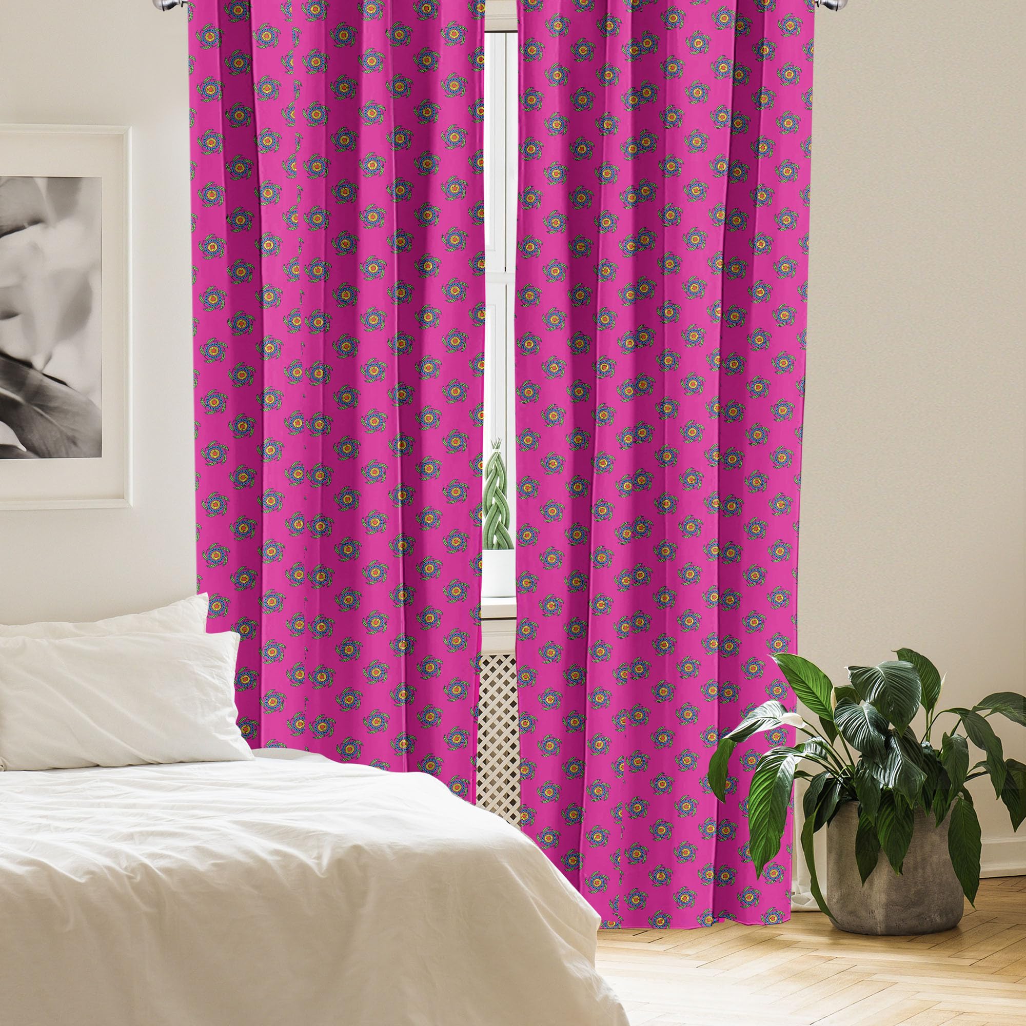 Ambesonne Ethnic Bohemian Curtains - Windmill Inspired Floral Leaf & Polka Dot Design, 2 Panel Set (28