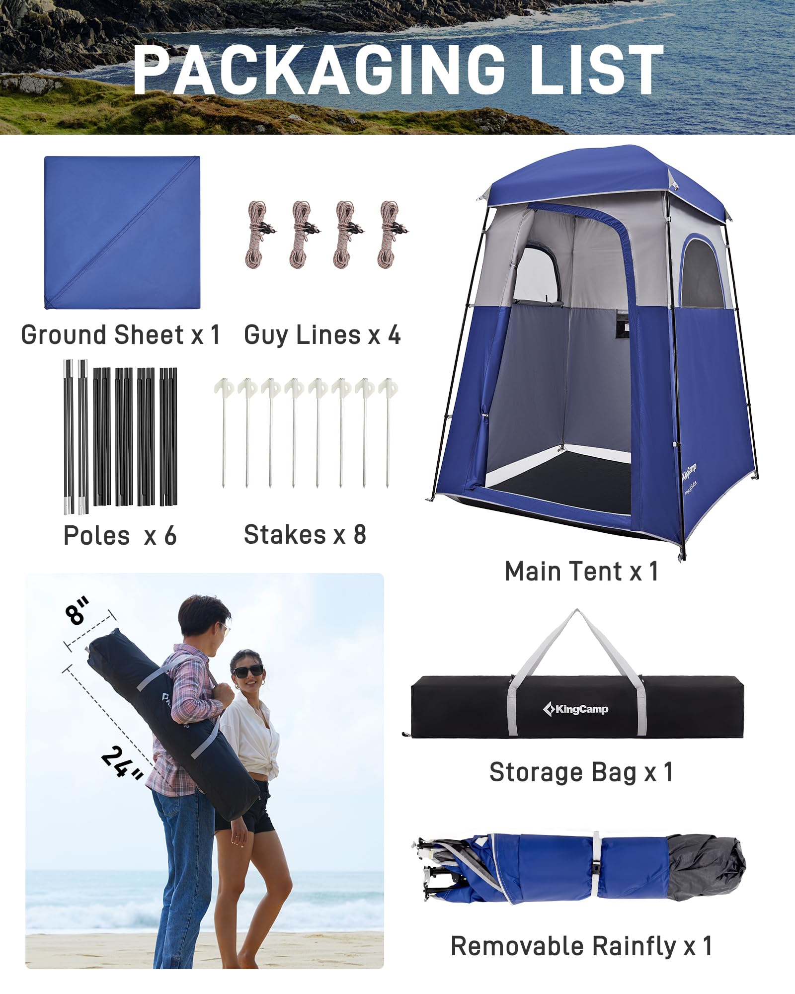 KingCamp Oversized Camping Shower Tent - Portable Privacy Shelter for Outdoor Showers & Changing Room | Includes Shower Bag | Easy Setup (1 or 2 Room Options) | Perfect for Camping, Hiking, Beach & RV Trips