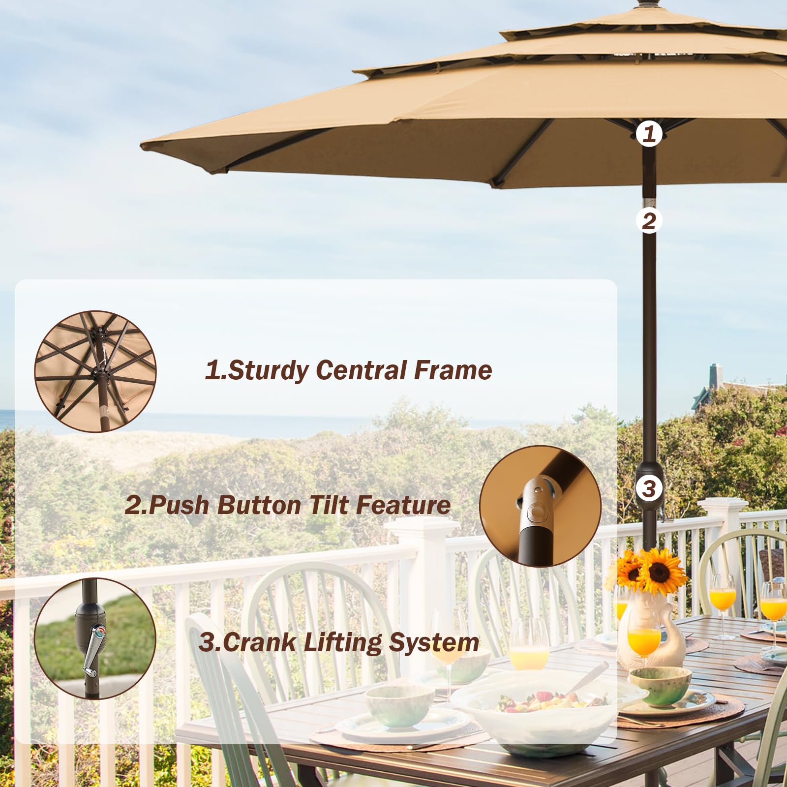 10 ft Aoodor Patio Umbrella - Heavy Duty Outdoor Market Umbrella with 3-Tier Design in Brown | Perfect for Backyard, Poolside, Restaurant & Outdoor Dining Areas