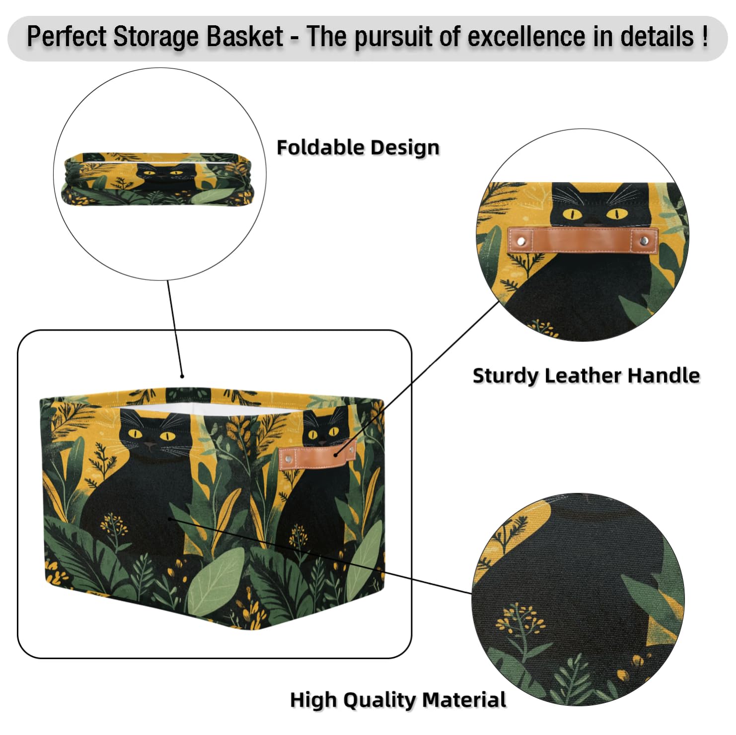 2 Pack Black Cat Storage Baskets with Green Leaves - Collapsible Fabric Closet Organizer Bins for Blankets, Toys & Clothes - Foldable Storage Boxes for Bedroom, Living Room & Nursery Organization