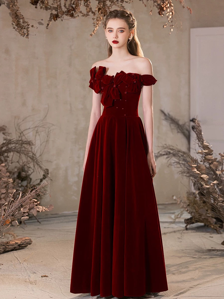 Elegant A-Line Off Shoulder Velvet Burgundy Long Prom Dress for Women - Formal Evening Gown for Homecoming, Wedding, and Special Occasions