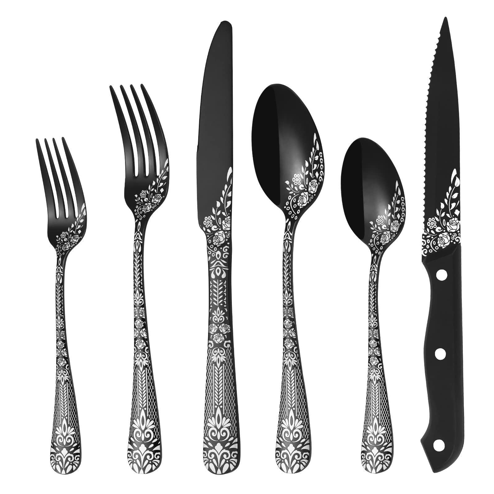 EUIRIO 36-Piece Black Silverware Set with Steak Knives - 6-Person Stainless Steel Mirror Cutlery Set with Unique Floral Laser Design (Spoons, Forks, Knives) - Dishwasher Safe Flatware for Everyday Dining, Dinner Parties & Restaurant Use