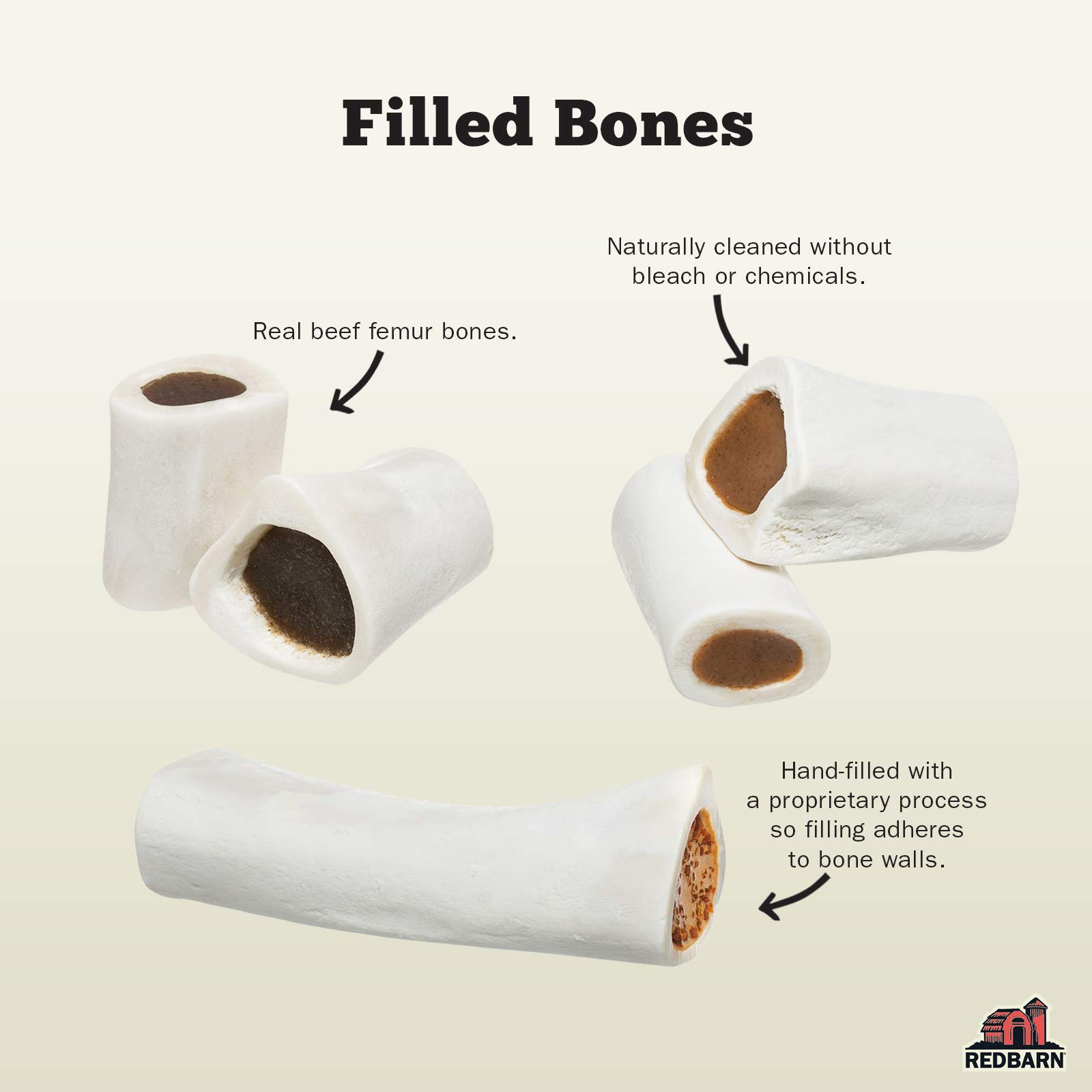 Redbarn Filled Dog Bones - Natural Long-Lasting Dental Treats for Aggressive Chewers | Peanut Butter, Cheese & Bacon, Beef Flavors | Large 6