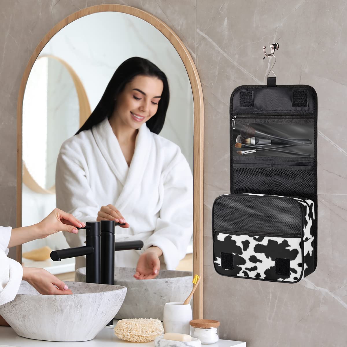 Waterproof Hanging Travel Toiletry Bag for Women & Men - Large Capacity Cow Print Makeup Organizer, Cosmetic Bag for Adults & Teens - Perfect for Camping, Gym, Business Trips & Vacation Essentials