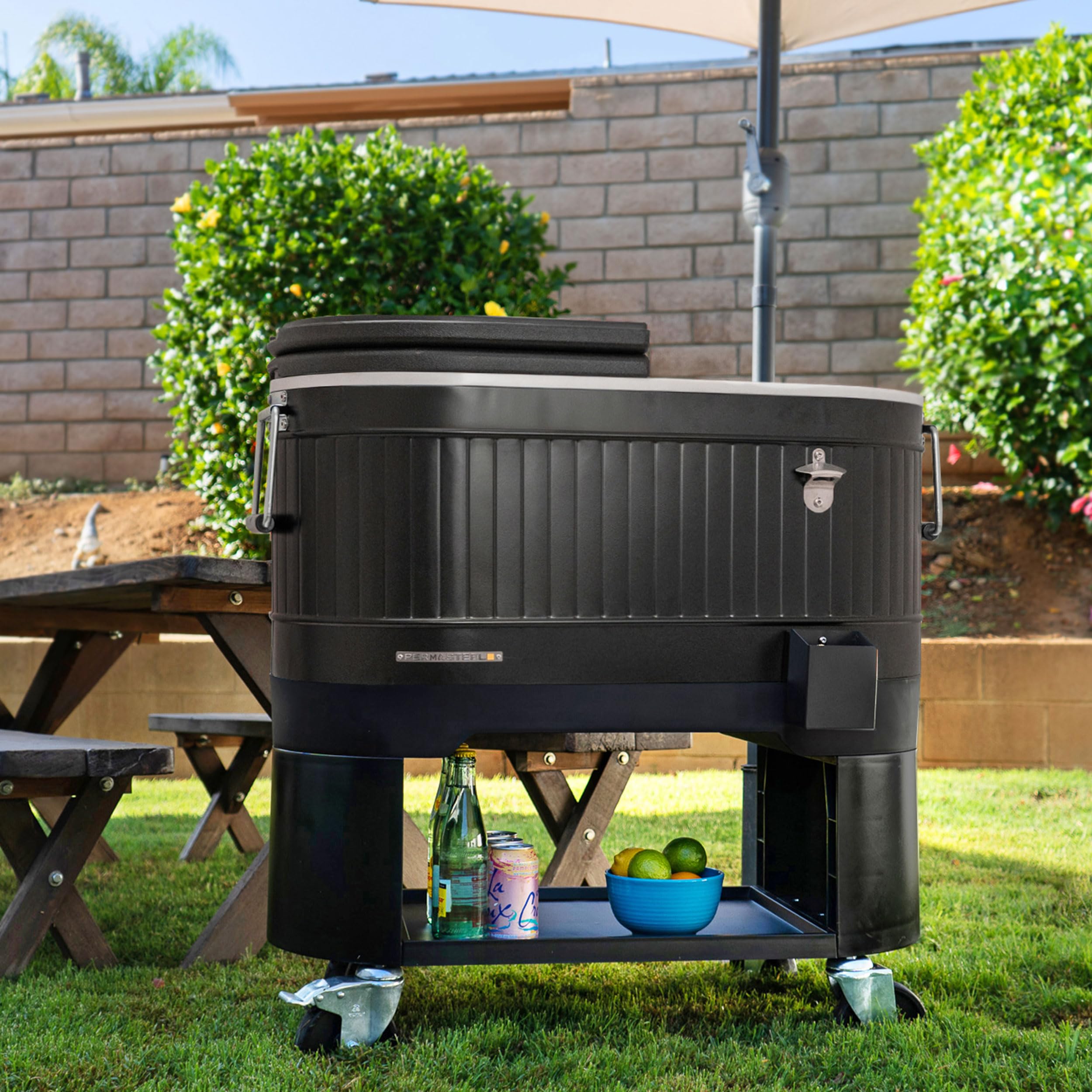 Permasteel 120-Qt Rolling Ice Chest Cooler with Wheels & Drink Dividers - Portable Outdoor Party Cooler Cart for BBQs, Tailgating, Camping & Indoor Entertaining - Black