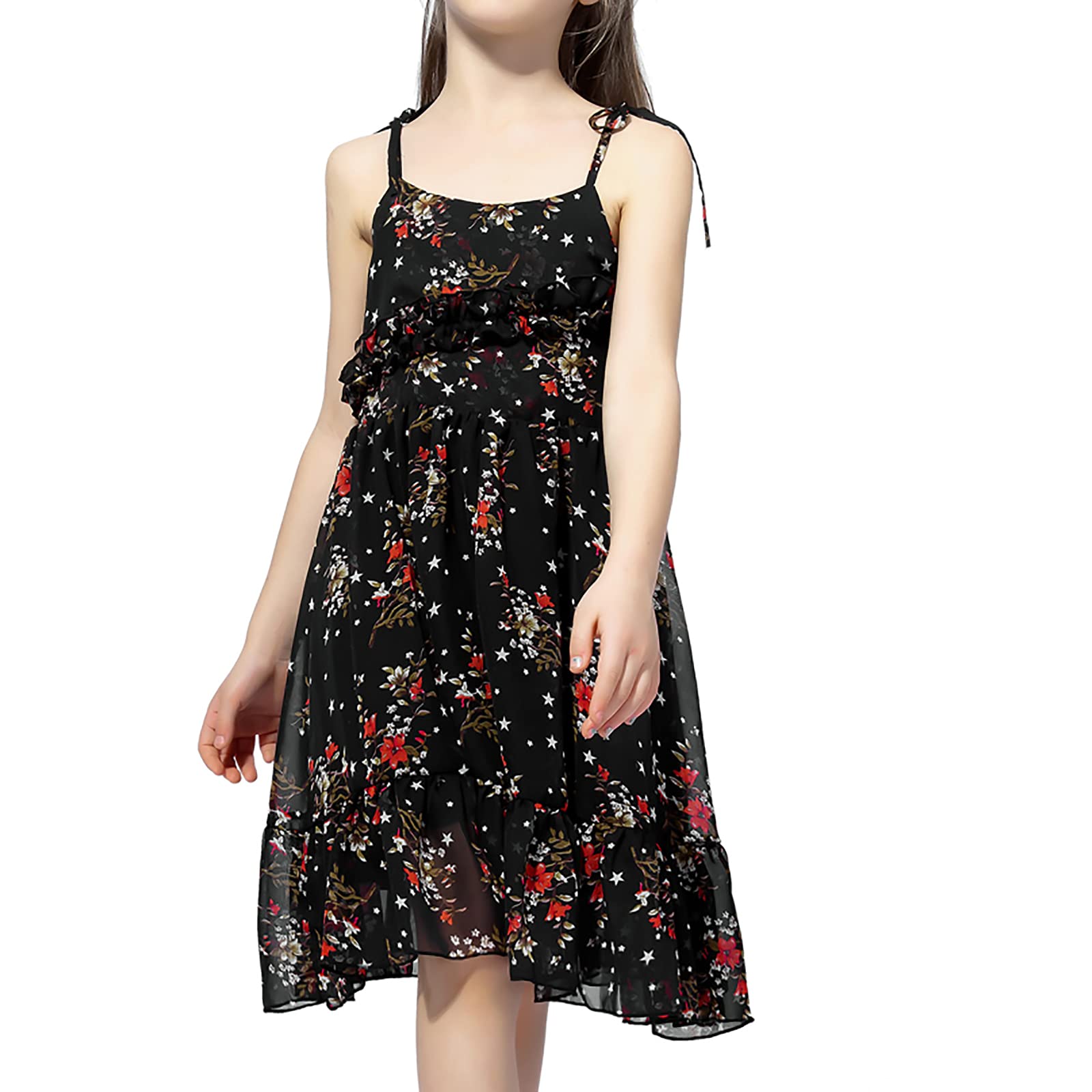 Freebily Girls Summer Floral Chiffon Dress - Spaghetti Strap Off Shoulder Bohemian Sundress with Ruffle Trim for Beach, Vacation & Outdoor Parties