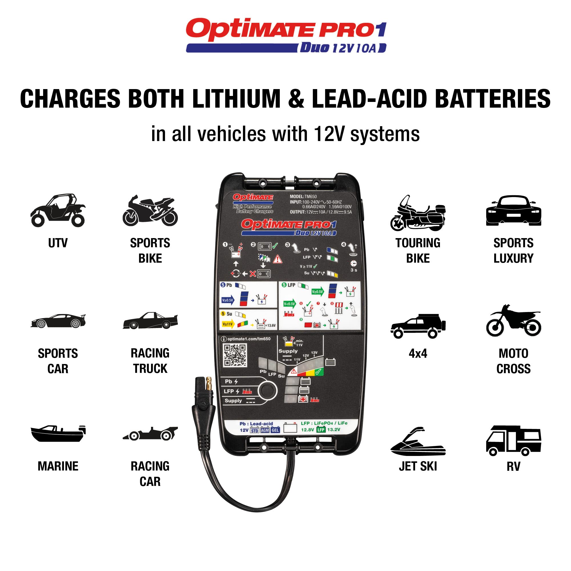 Tecmate OptiMate PRO-1 DUO 11-Step 12V/12.8V High Performance Battery Charger, Tester & Maintainer for Motorcycle, Car, ATV - Black | Ideal for Winter Storage & Long-Term Vehicle Maintenance
