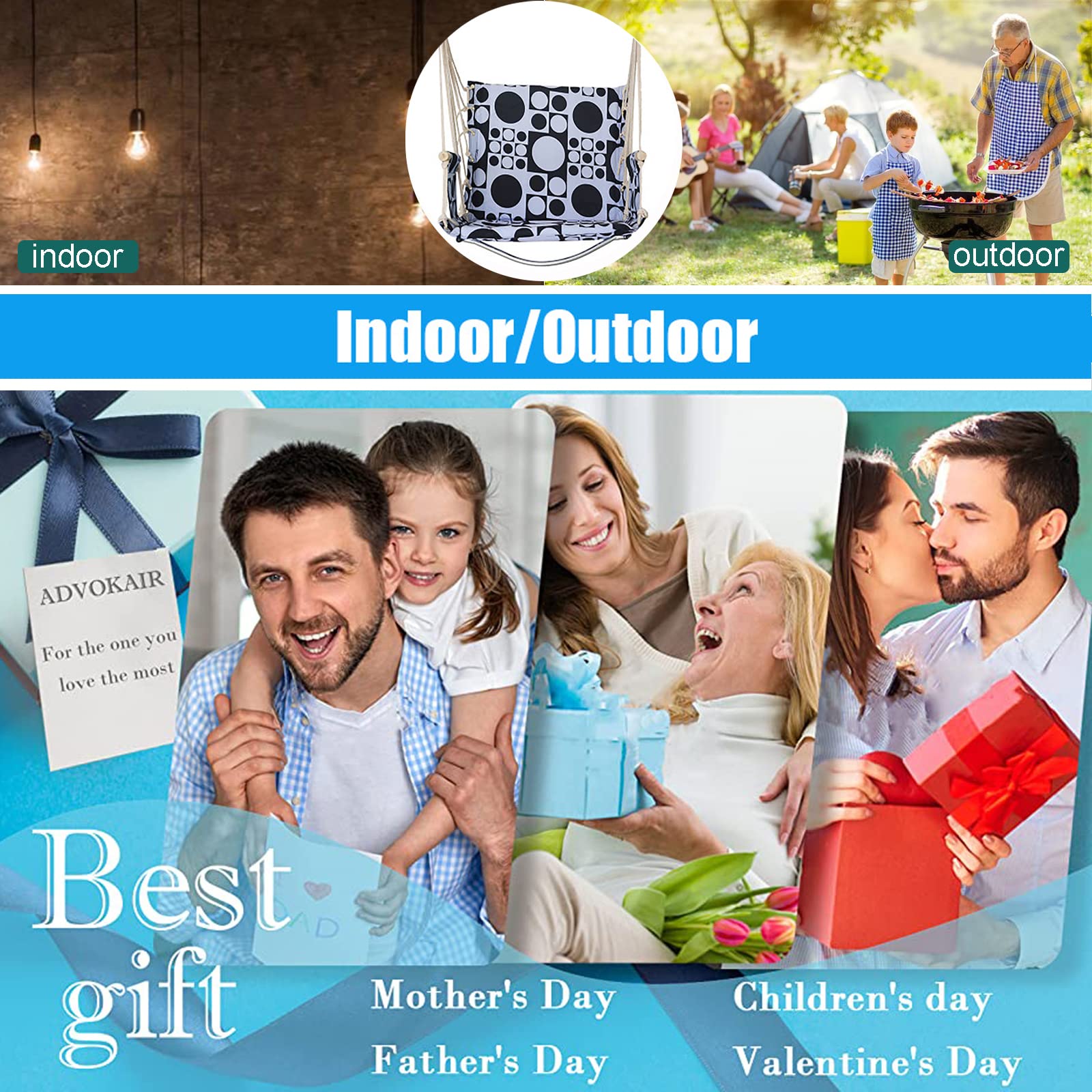 Premium Cotton Hammock Chair Swing with 2 Cushions - 330lbs Weight Capacity for Indoor/Outdoor Use - Perfect for Patio, Porch, Bedroom & Backyard Relaxation