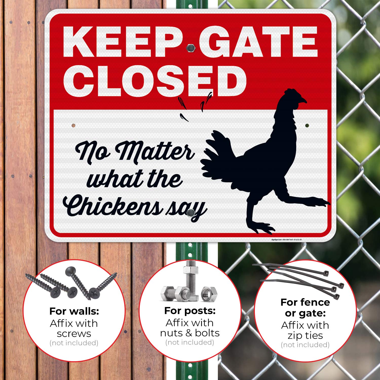 Funny Chicken Coop Sign - 'Keep Gate Closed No Matter What The Chickens Say' - 24x30 Inches Reflective Aluminum Sign for Farm & Backyard Decor - Durable 3M EGP .080 Aluminum, Fade Resistant - Perfect for Chicken Coops, Barns & Garden Gates - Made in USA