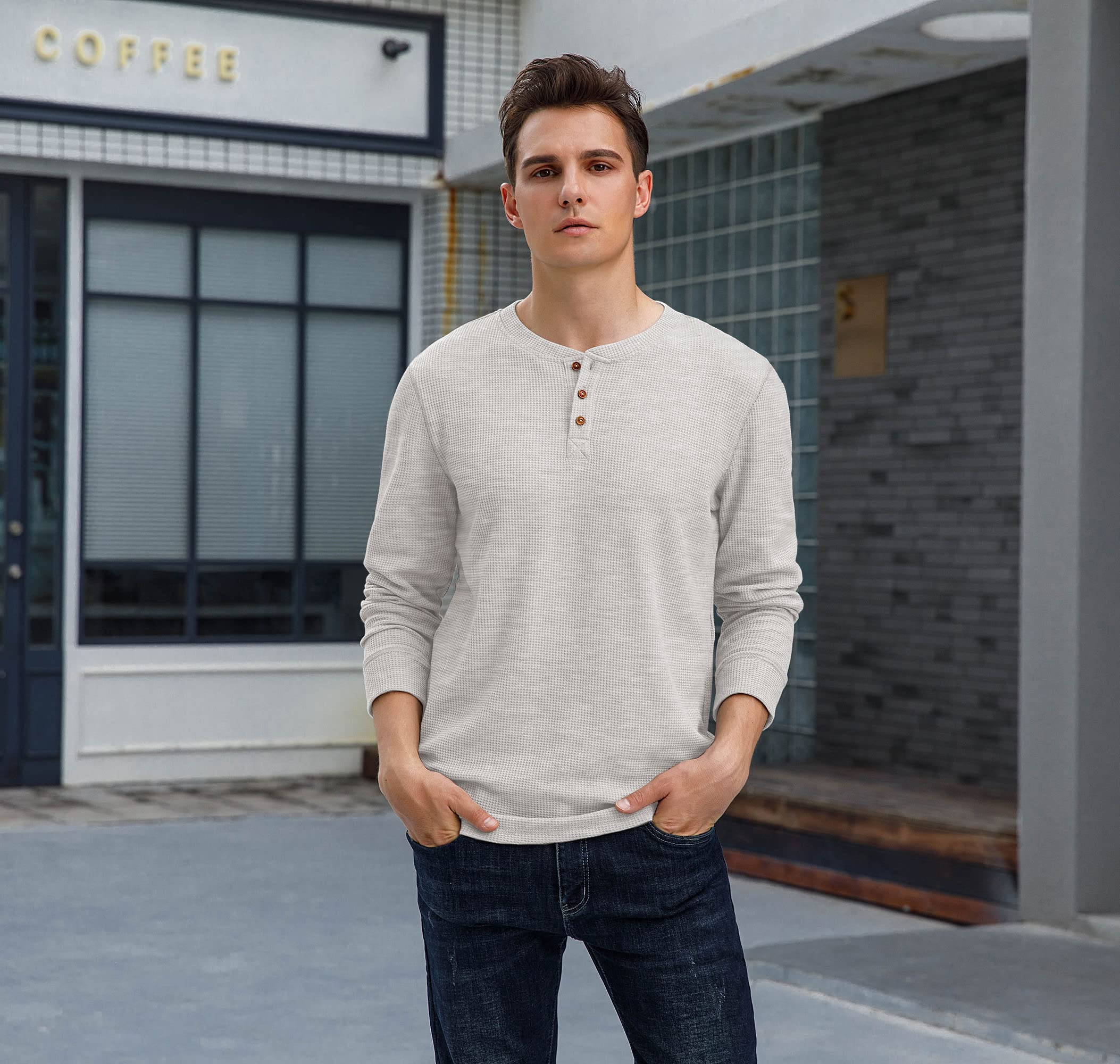 Sailwind Men's Long Sleeve Waffle Henley Shirt - Soft Thermal Casual Button Down Top for Fall & Winter - Perfect for Outdoor Activities, Camping and Layering