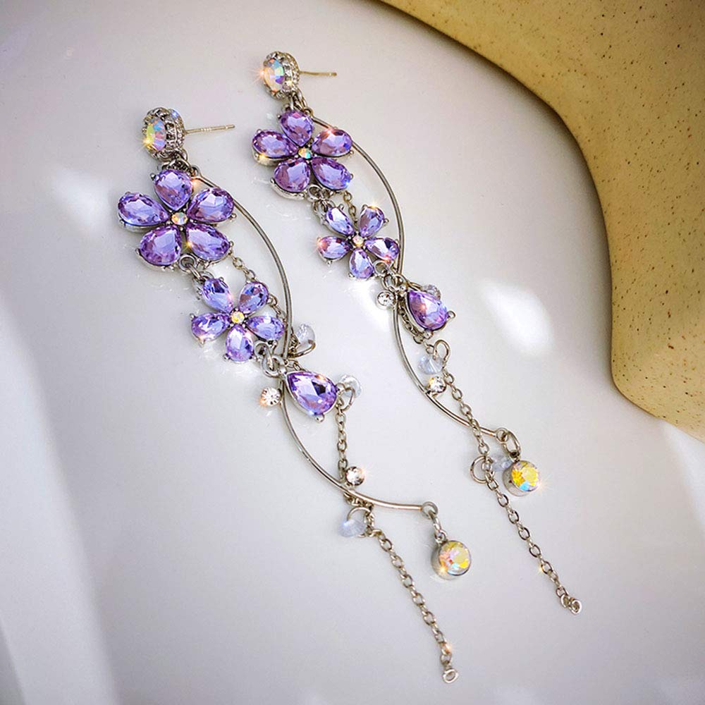 Xerling Crystal Wedding Flower Drop Earrings for Women – Elegant Long Purple Flower Tassel Dangle Earrings with Rhinestones | Perfect for Bridal, Prom, Evening Party & Special Occasions