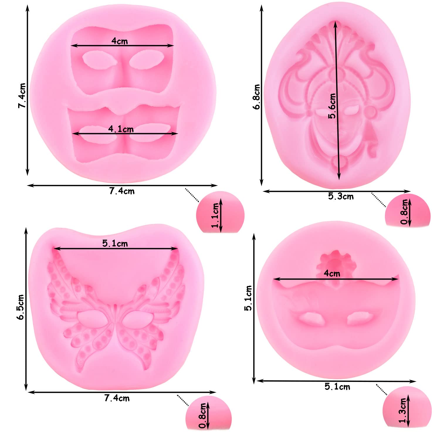 Zixiang Silicone Masquerade Mask Molds - Set of 4 for Cake Decorating, Fondant, Cupcake Toppers, Candy, Resin Clay, Chocolate & Gum Paste - Perfect for Halloween, Cosplay, and DIY Craft Projects