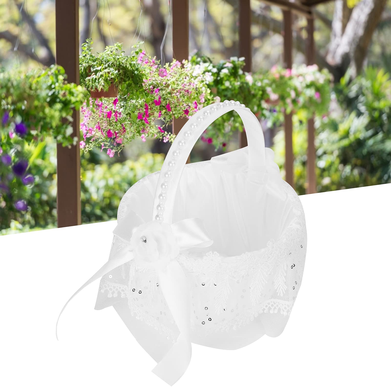 White Romantic Lace Flower Basket - Elegant Bridesmaid Wedding Party Decor (Large 5709) | Perfect for Wedding Ceremonies, Bridal Showers & Garden Parties