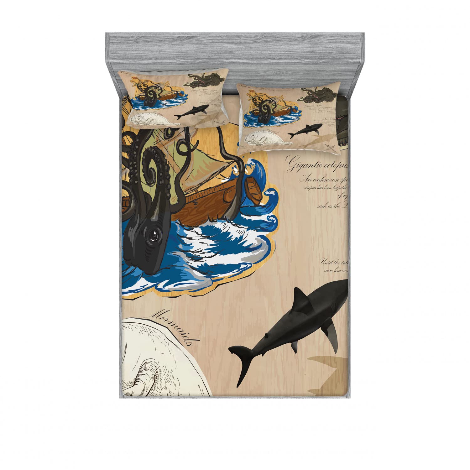 Ambesonne Nautical 2-Pack Full Size Fitted Sheet Set with 4 Pillow Shams - Sea Monster Pirate Theme Multicolor Ocean Bedding - Perfect for Kids' Rooms, Beach House Decor & Themed Bedroom Makeovers