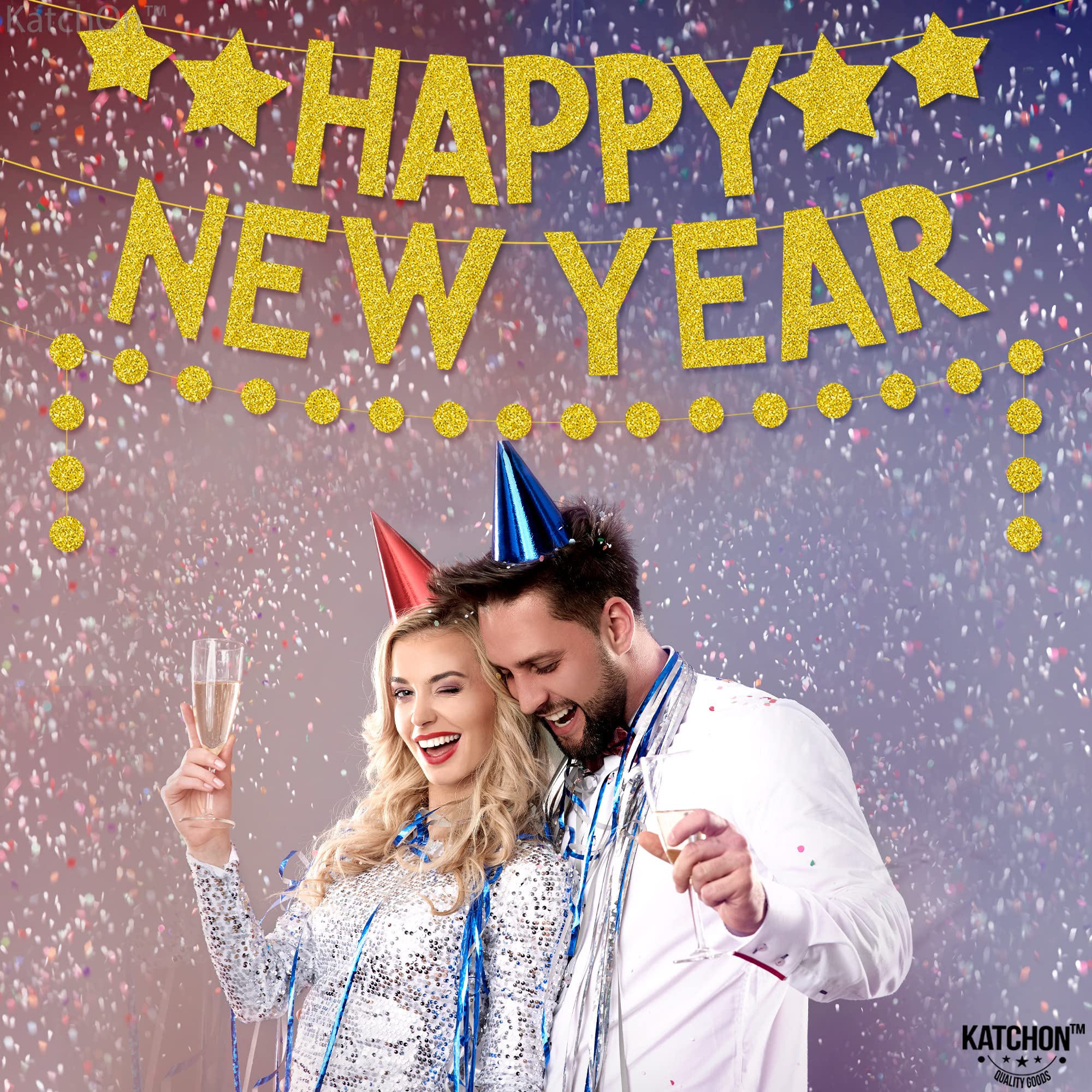 KatchOn Glitter Happy New Year Banner - 10ft Pre-Strung Gold Party Sign for 2025 New Year's Eve Decorations | Ready-to-Hang Celebration Backdrop for Home, Office & Holiday Parties