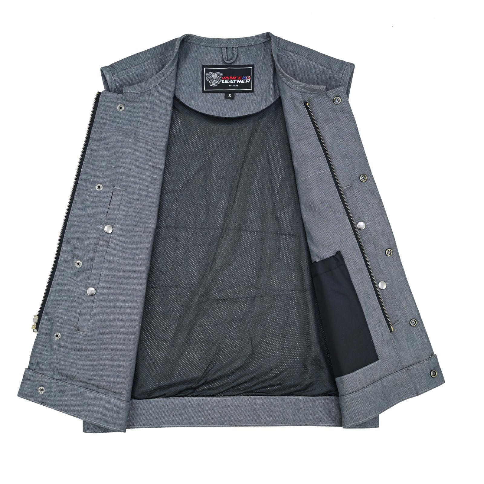 Vance Leather Men's Black Denim Collarless Club Vest with Conceal Carry Pockets - Stylish Motorcycle Jacket for Bikers & Outdoor Enthusiasts