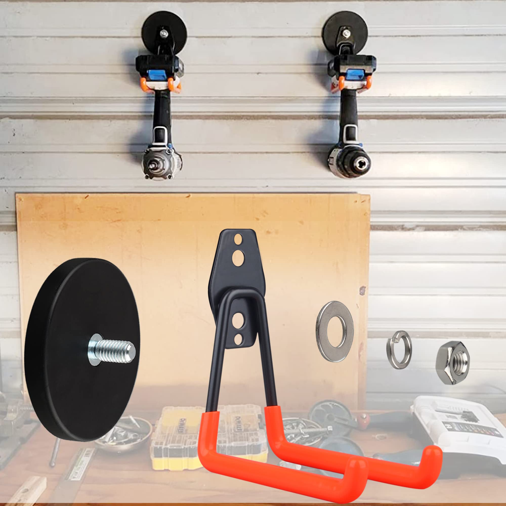 Heavy Duty Magnetic Hooks (2 Pack) - Strong Anti-Slide Garage Hangers for Tool Organization - Perfect for Power Drills, Garden Tools, Hoses & Workshop Storage - Ideal for Garage, Tool Chest & Steel Pegboard Mounting