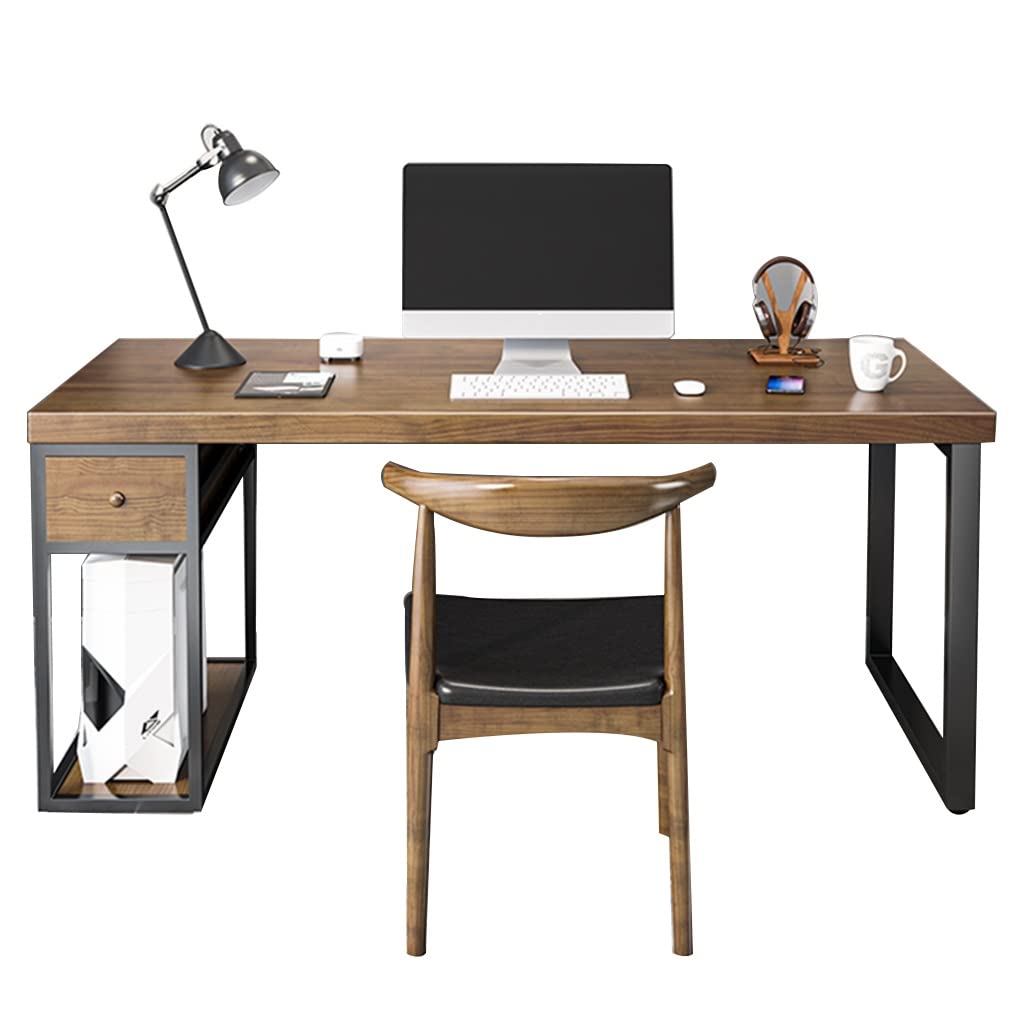 Solid Wood & Metal Computer Desk with Storage Drawer & Chair Set - 160x70x75cm Home Office Desk for Work, Study, Gaming & Writing - Ergonomic Workstation for Small Spaces
