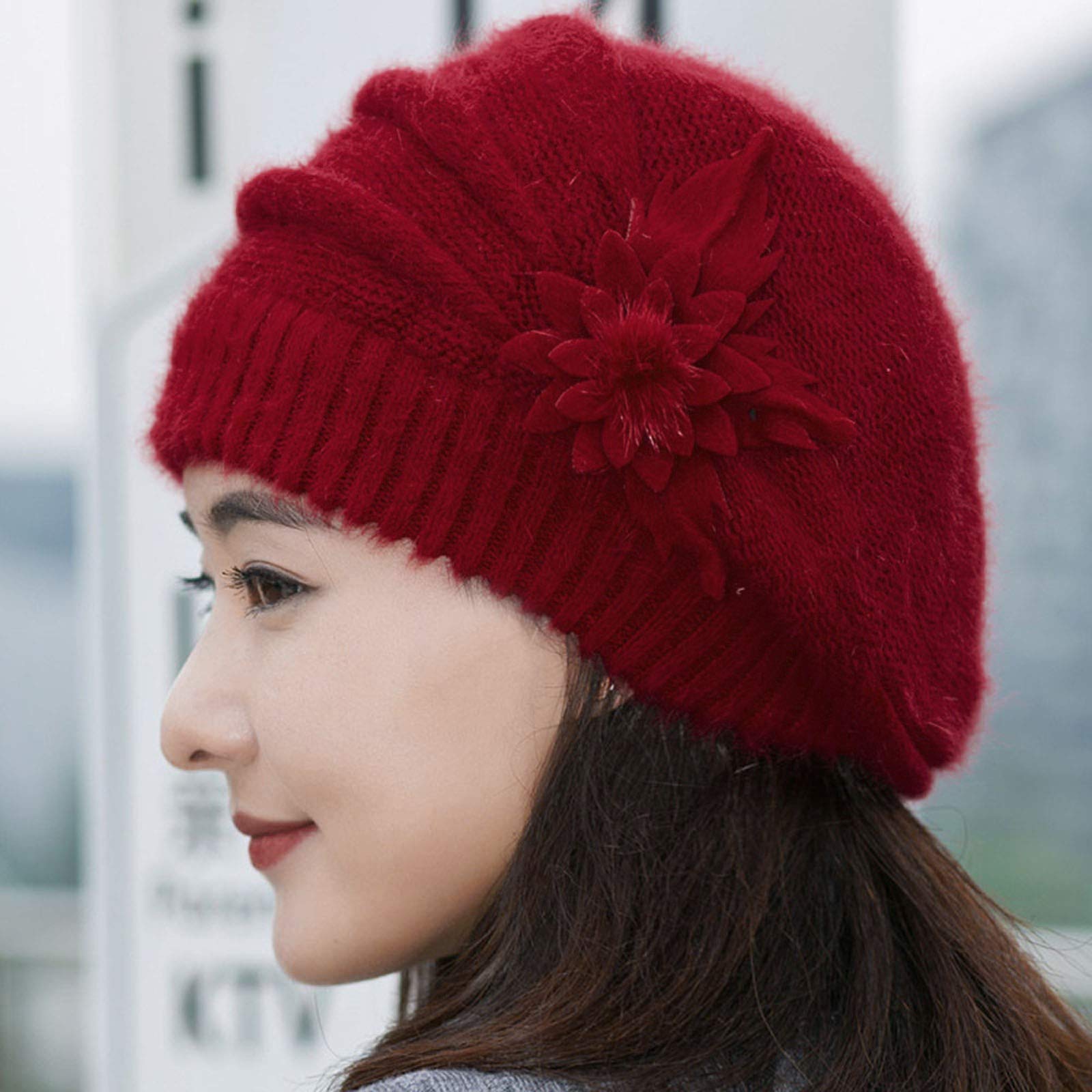 Women's Crochet Slouchy Beanie - Winter Warm Knitted Hat with Fashion Flower Design, Soft Beret Style for Cold Weather (Red, One Size) | Perfect for Outdoor Activities, Snow Days & Winter Fashion
