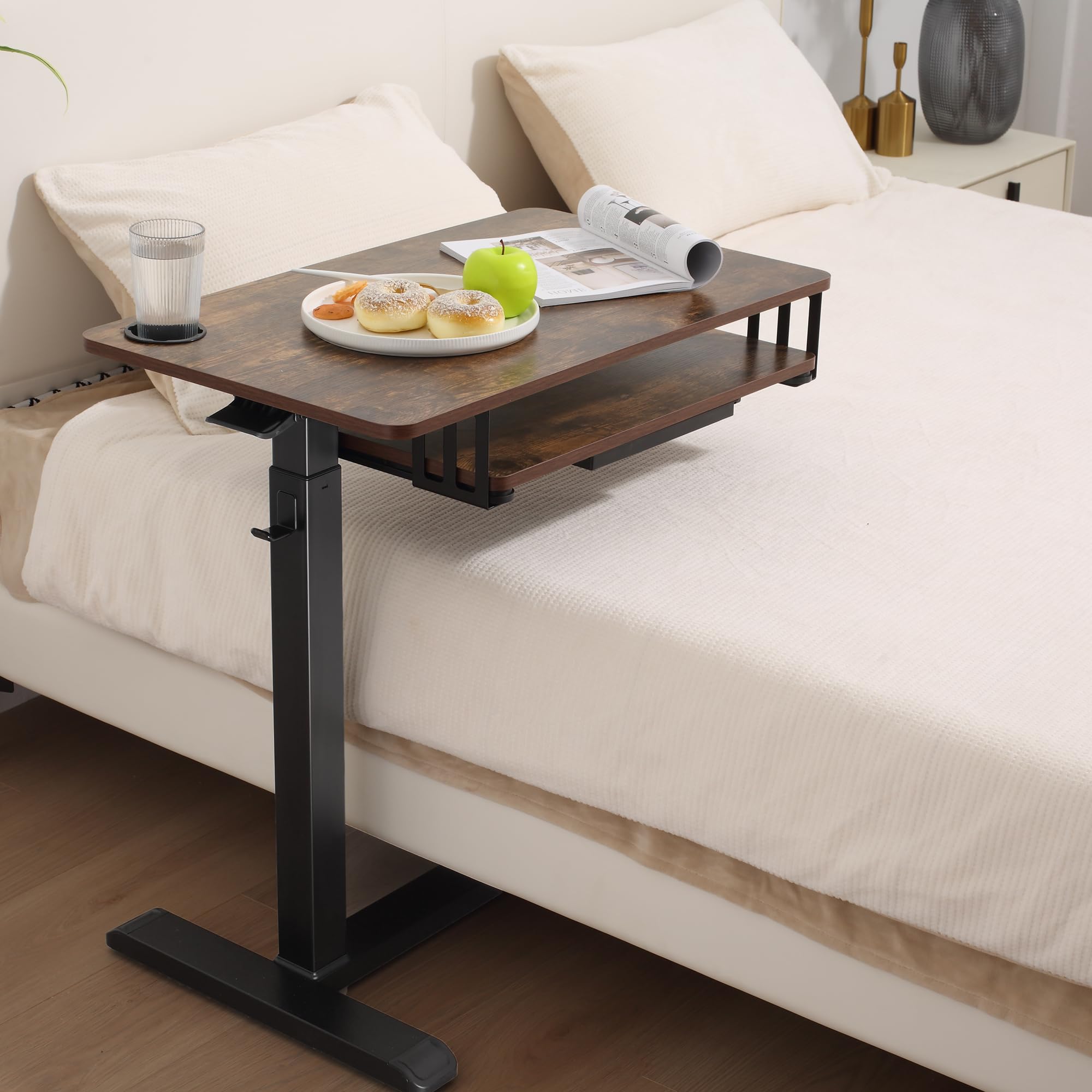 ETHU Adjustable Overbed Table with Wheels & Drawer - Rolling Laptop Desk for Hospital, Bedside & Home Office - Walnut Finish Medical Workstation for Patients, Students & Remote Workers