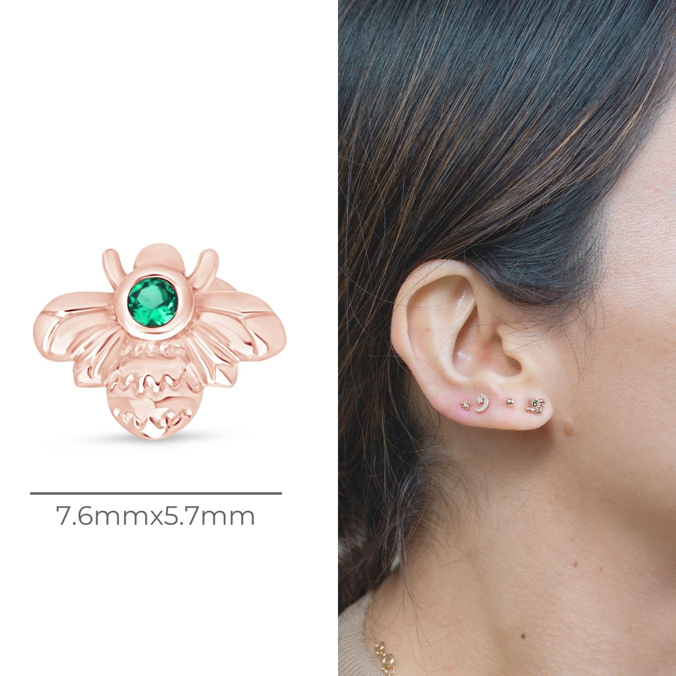 14k Rose Gold Emerald Bee Stud Earrings - Dainty Flat Back Earrings for Women | Perfect for Everyday Wear, Gifts & Special Occasions