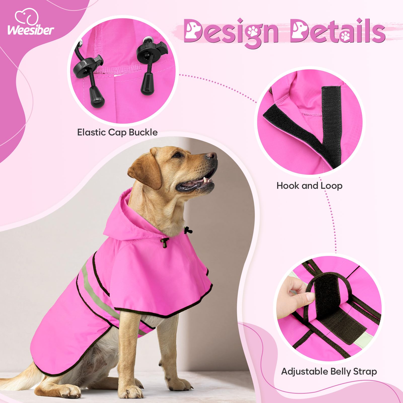 **Weesiber Reflective Waterproof Dog Raincoat - Adjustable Lightweight Dog Poncho for Walking - Large Pink Dog Rain Jacket for Small Medium Large Dogs - Perfect for Rainy Day Walks and Outdoor Adventures**
