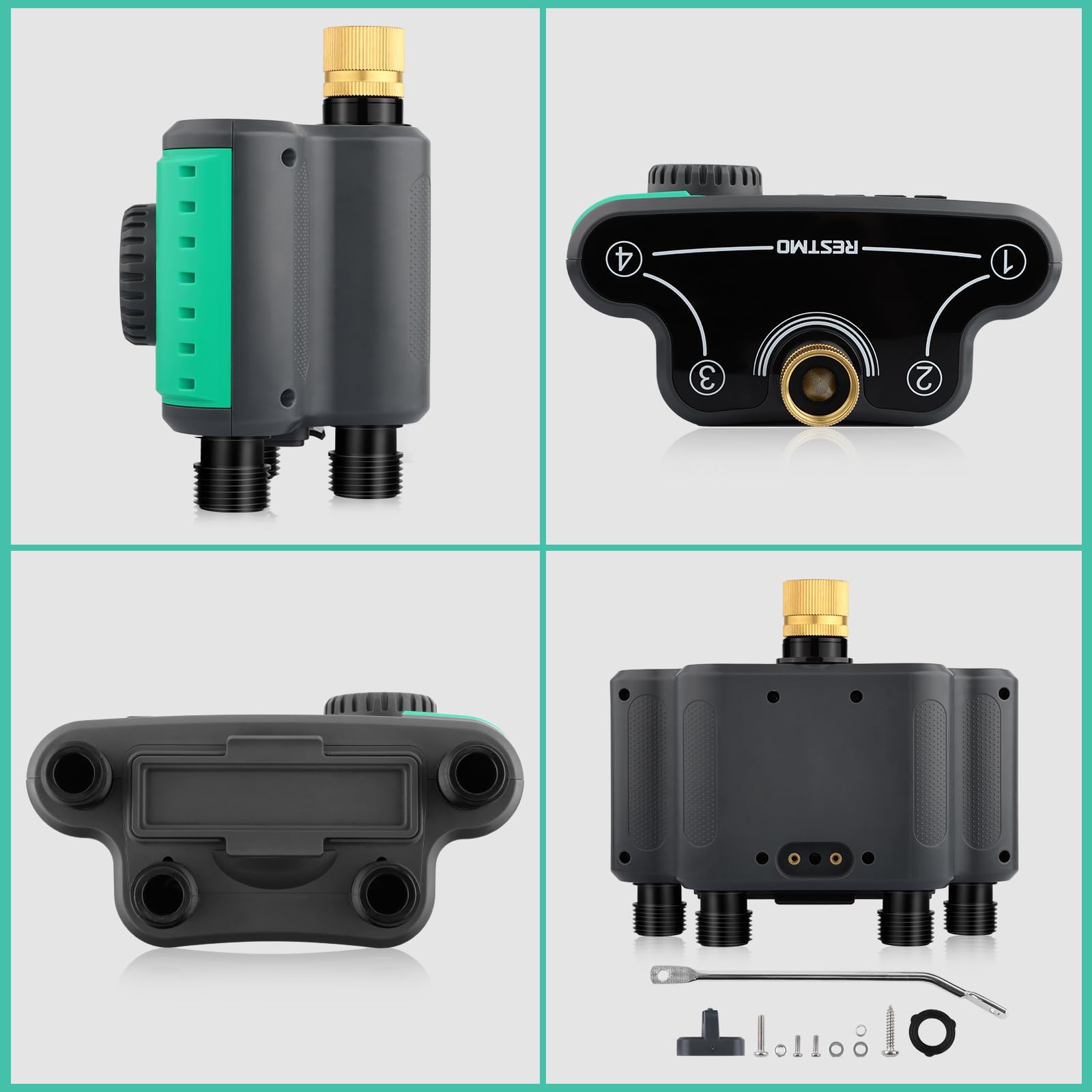 RESTMO 4-Outlet Sprinkler Timer with Brass Inlet - 4 Zone Programmable Water Timer for Garden Hose | Automatic Digital Control, Manual ON/Off & Rain Delay | Perfect for Outdoor Faucet, Drip Irrigation, Lawn & Garden Watering System