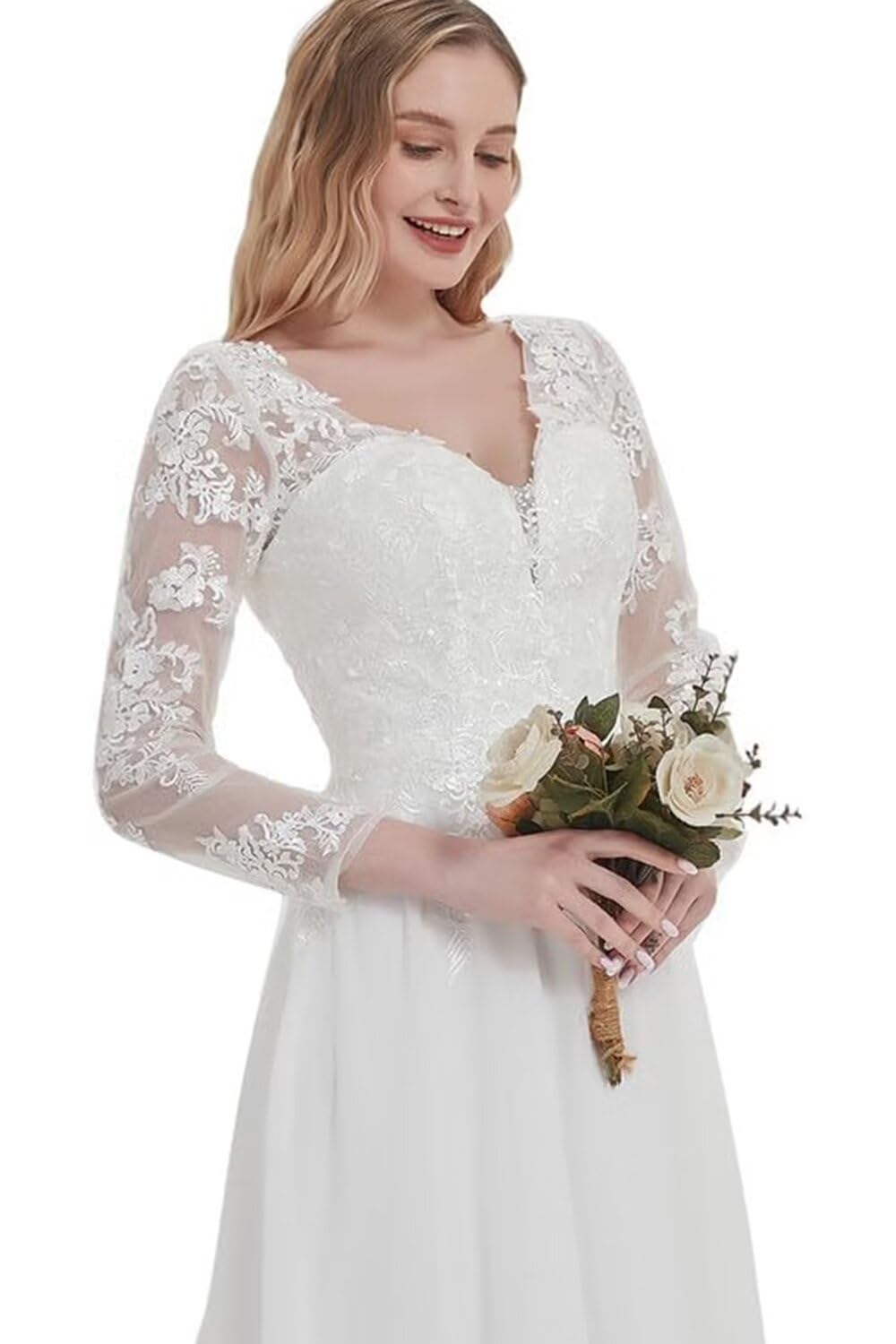 Elegant Long Sleeve A-Line Wedding Dress with Lace Applique - Chiffon Floor-Length Bridal Gown for Beach, Garden & Church Ceremonies