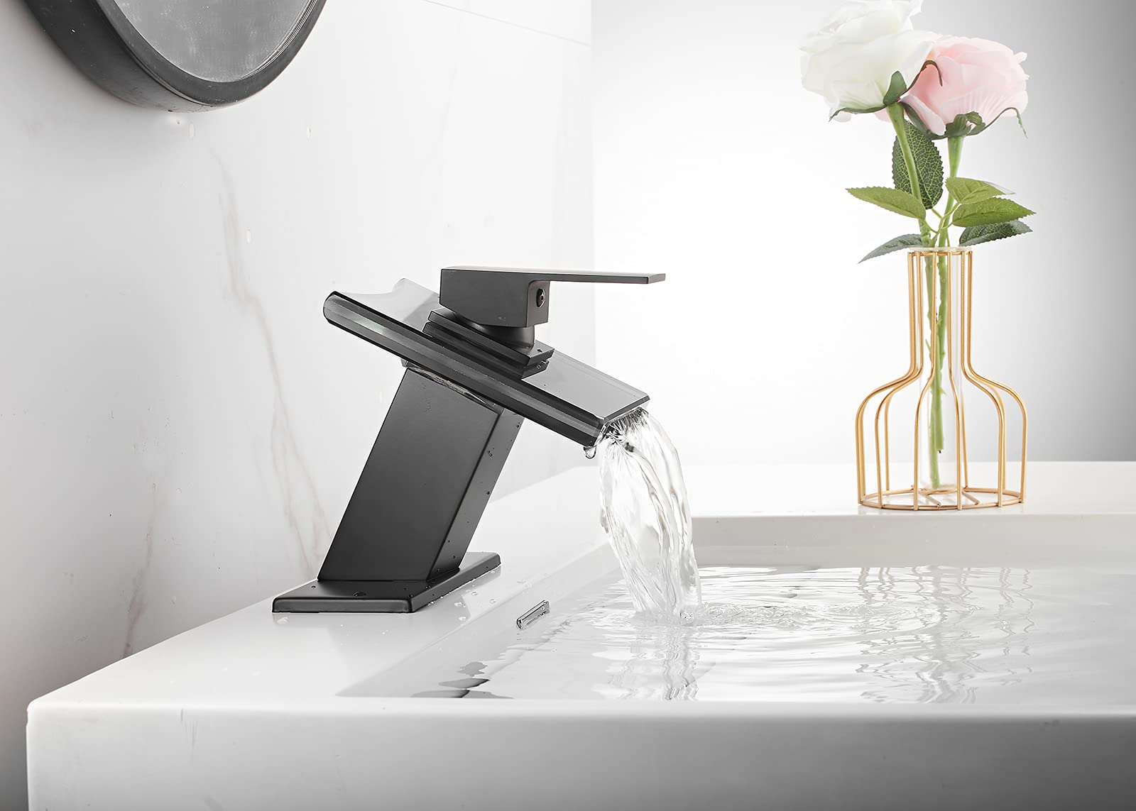 Black Waterfall Bathroom Faucet - Single Handle Deck Mount Sink Tap for Vanity & Commercial Use