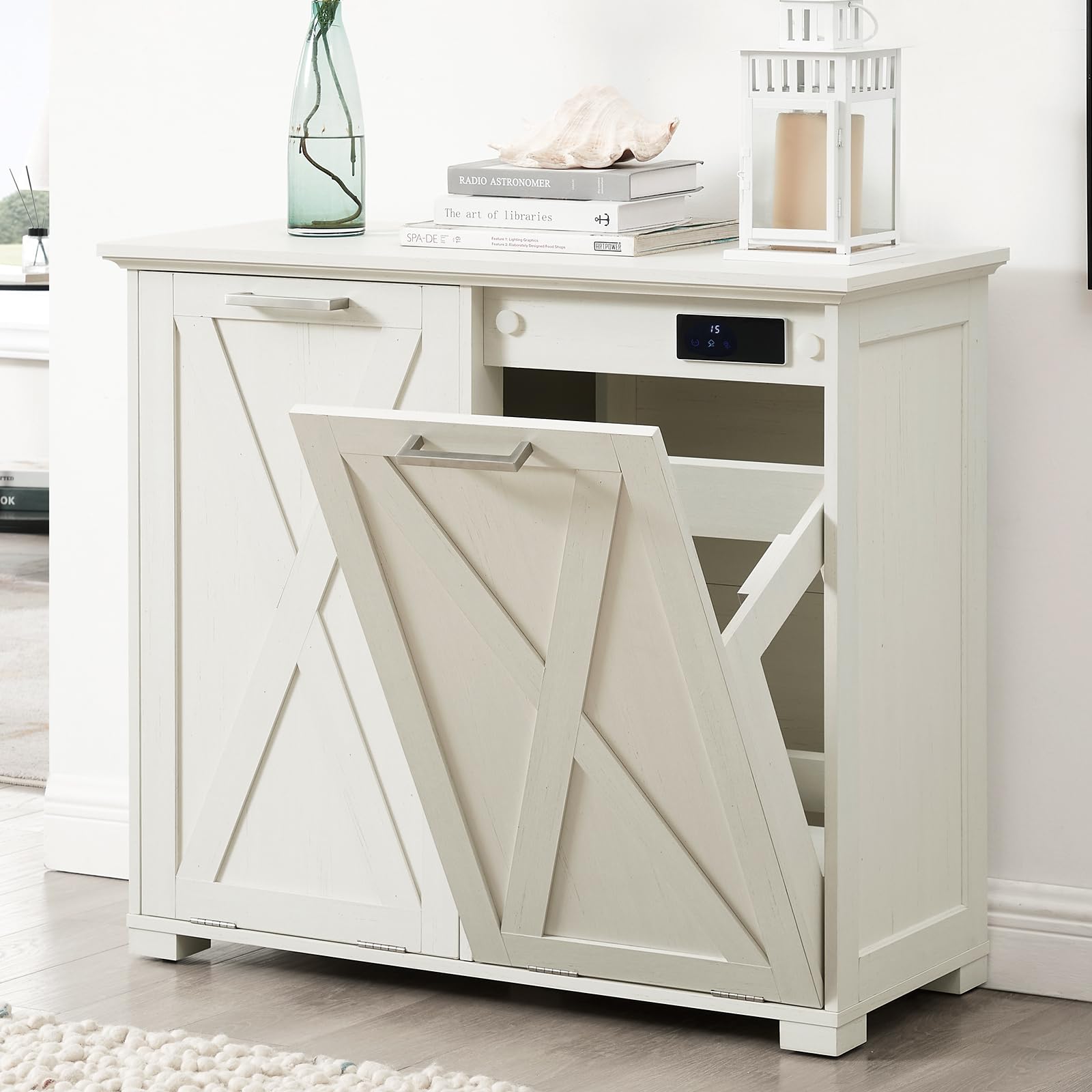 20-Gallon Tilt-Out Trash Can Cabinet with Odor Control | Pull-Out Recycling Bin Storage for Kitchen, Bedroom & Laundry | White Wooden Top Organizer | Perfect for Small Spaces & Waste Management