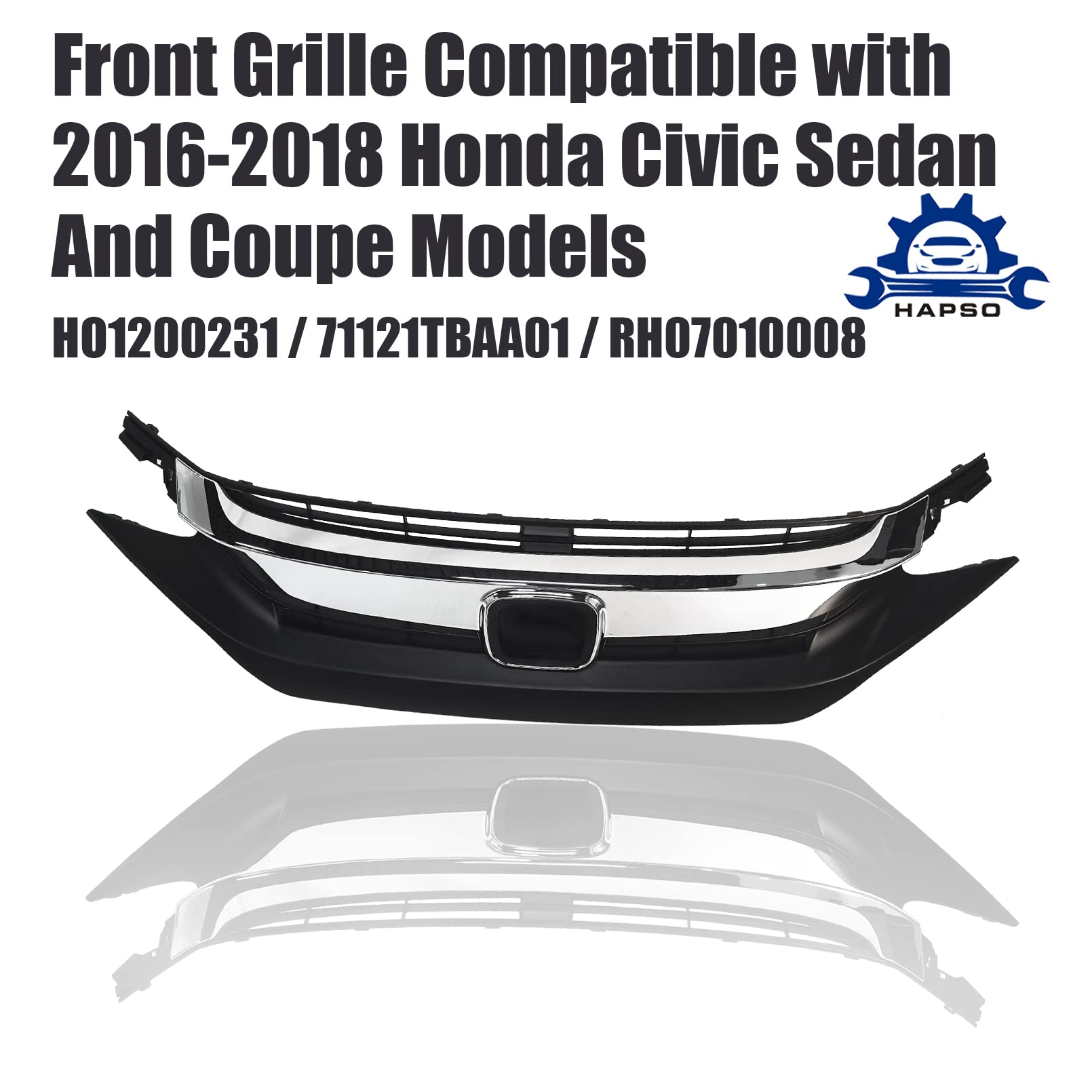 Chrome Front Bumper Upper Grille Guard for 2016-2018 Honda Civic | Replacement Part 71121TBAA01 & HO1200231 | Enhances Style & Protection for Daily Driving & Car Shows
