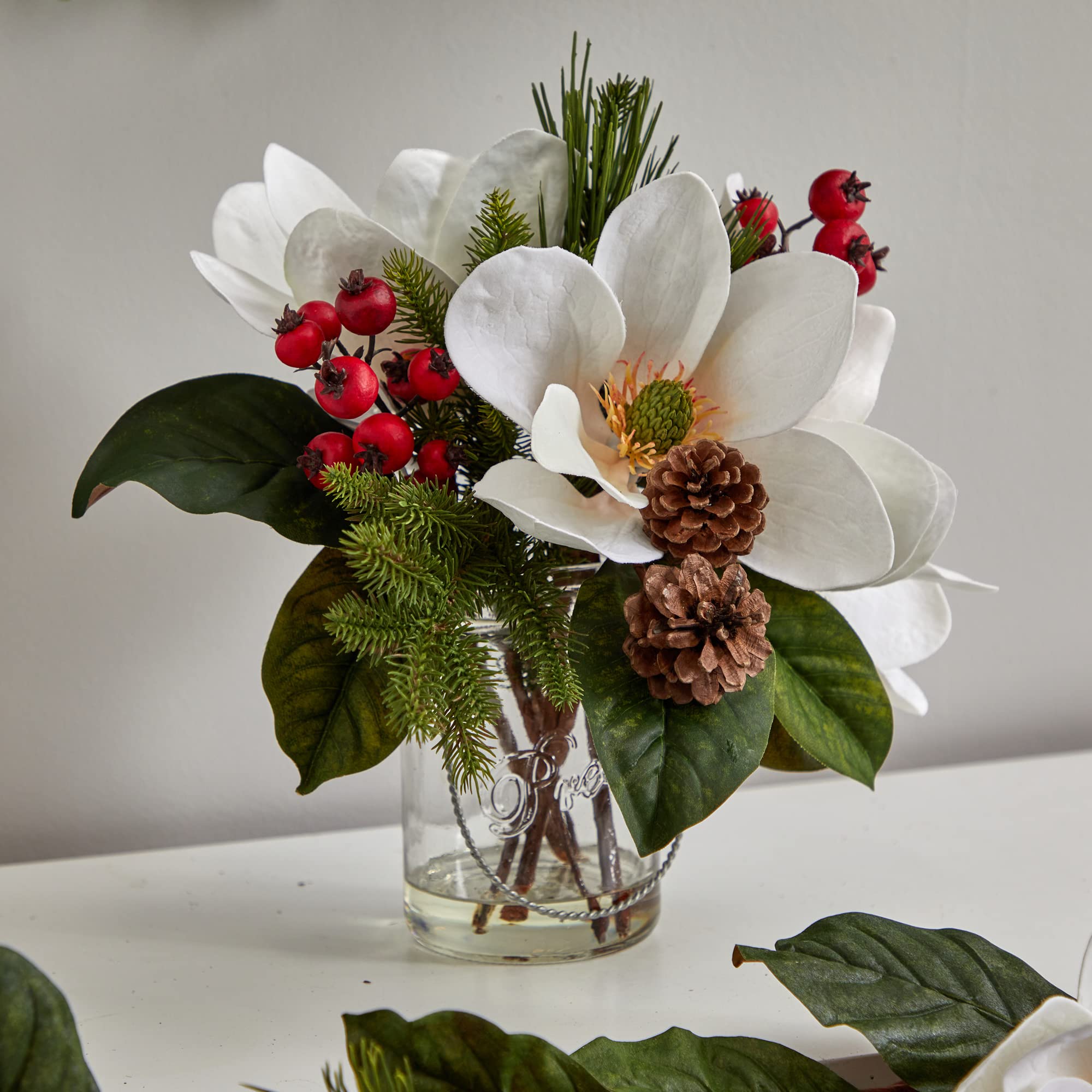 Nearly Natural Magnolia Pine Berry Holiday Arrangement in Glass Vase - Elegant Christmas Centerpiece for Home Decor, Office & Holiday Party Table Settings