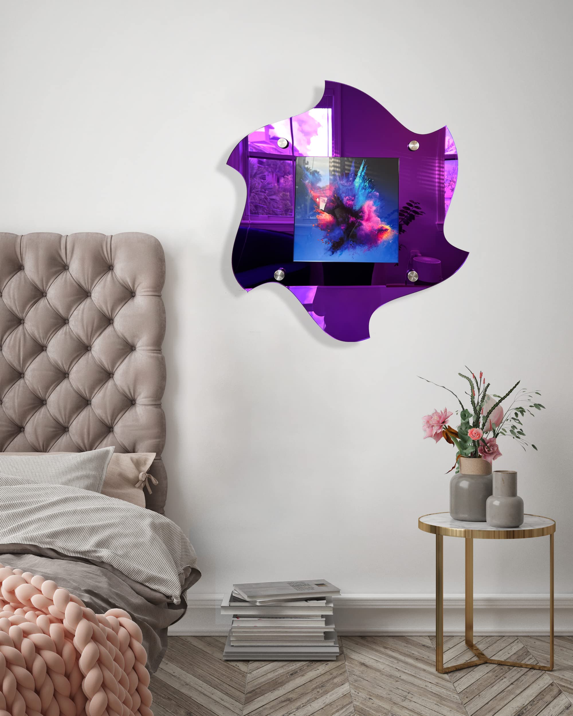 uniQstiQ Mirrored Acrylic Art Photo Frame - Modern Floating Wall Display (Purple Spiral Design) for Living Room, Bedroom & Office Decor