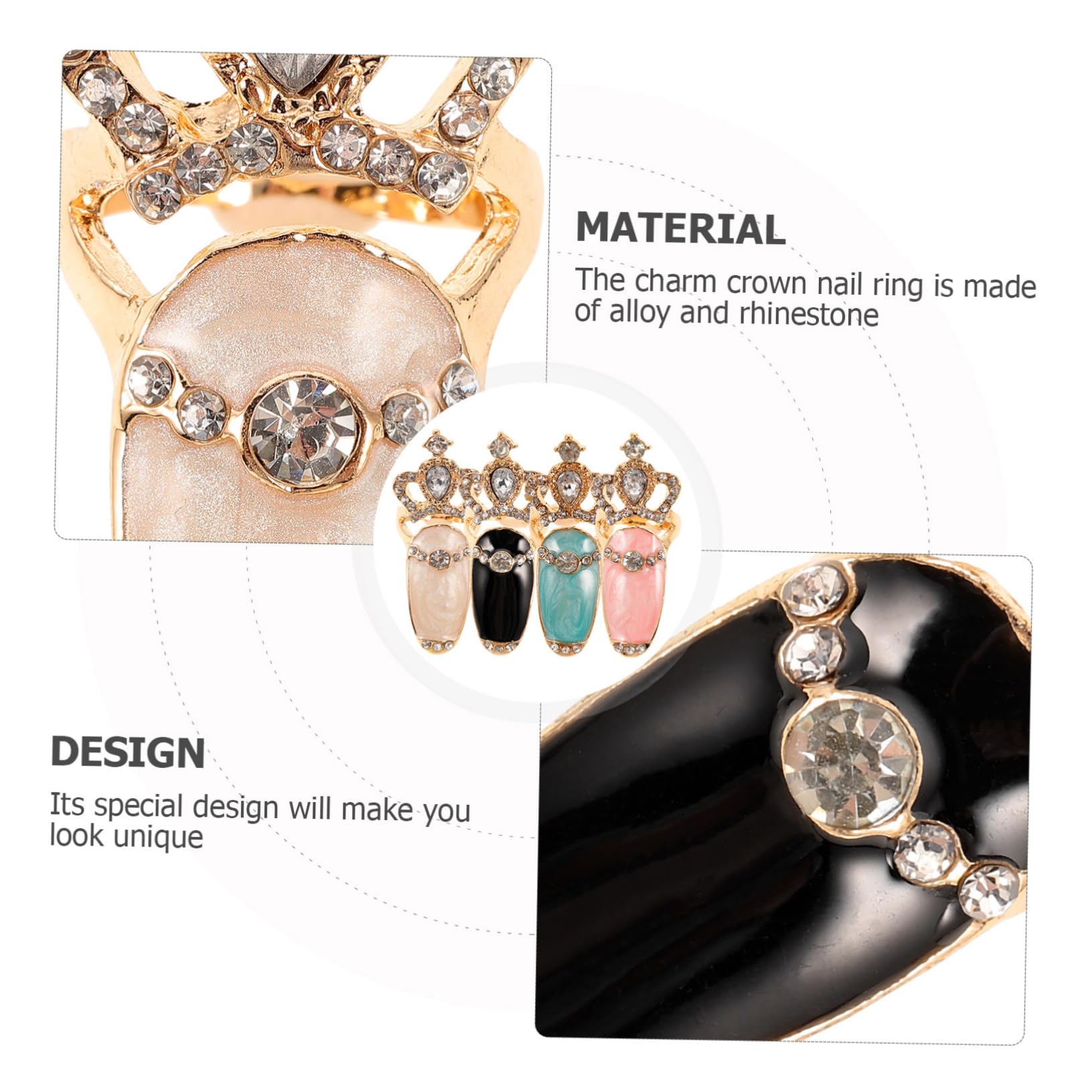 Uonlytech 4pcs Trendy Women's Nail Rings - Elegant Manicure Jewelry Set with Crown & Pointed Design for Nail Art Decor (Perfect for Parties, Weddings & Special Occasions)