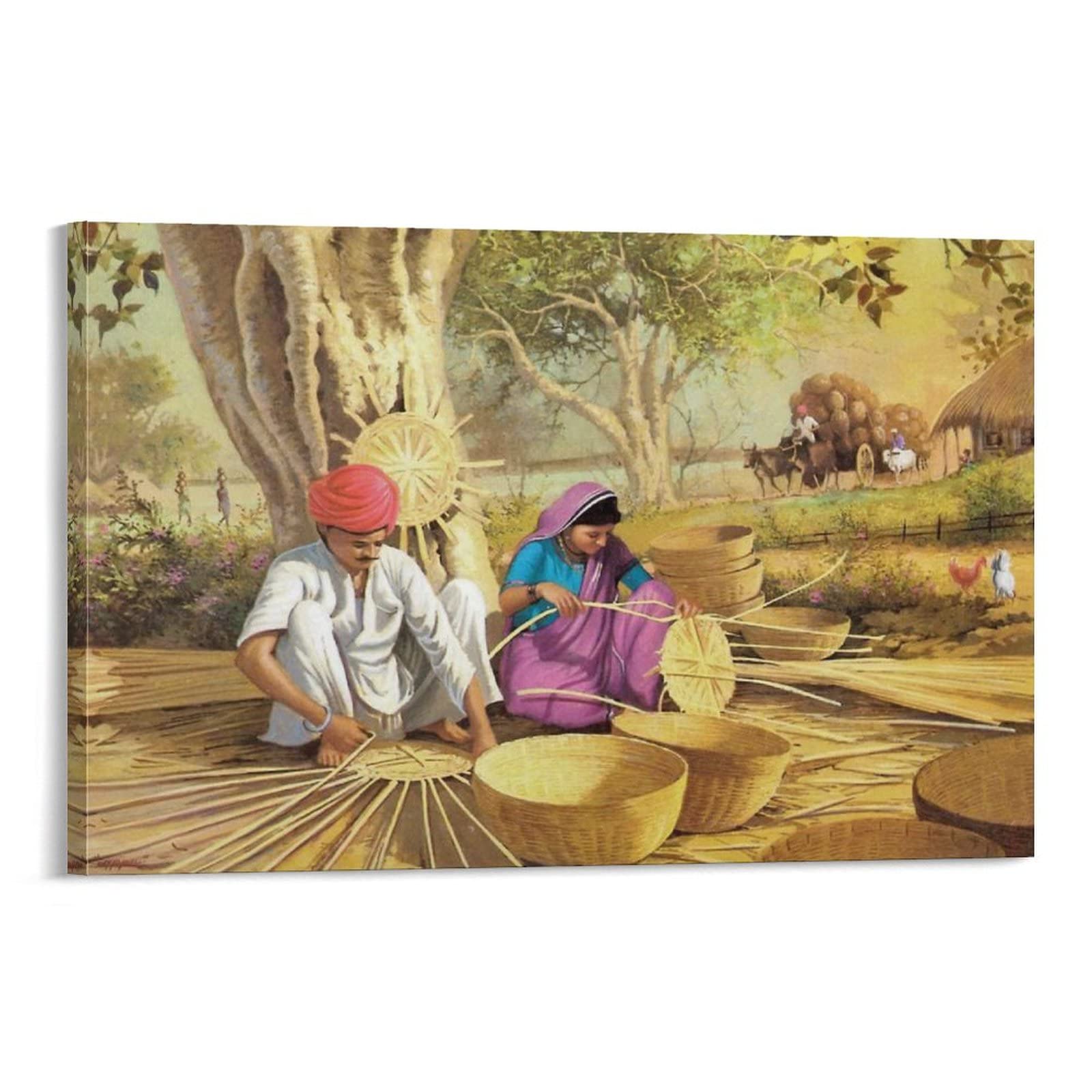 Handmade Andhra Village Art Canvas Painting - Traditional Indian Basket Weaving Scene - Oil Poster for Wall Decor (24x36 inches) - Perfect for Bedroom, Living Room & Office Decoration - Rustic Home Decor & Cultural Gift Idea