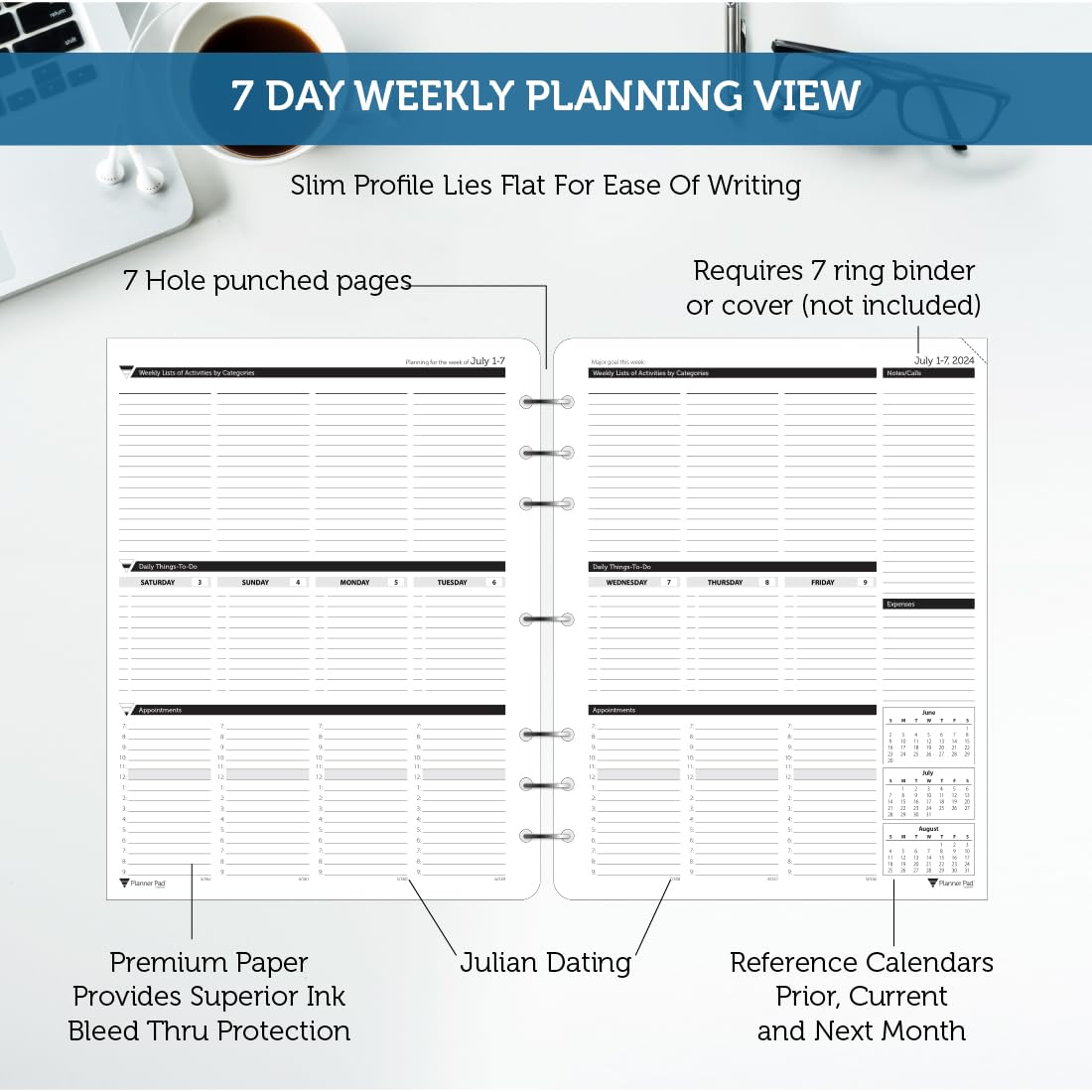 7-Hole Loose Leaf Planner Pad - 3-Tier Funnel Down System | 12-Month Organizer for Academic Year July 2024-June 2025 | 8.5