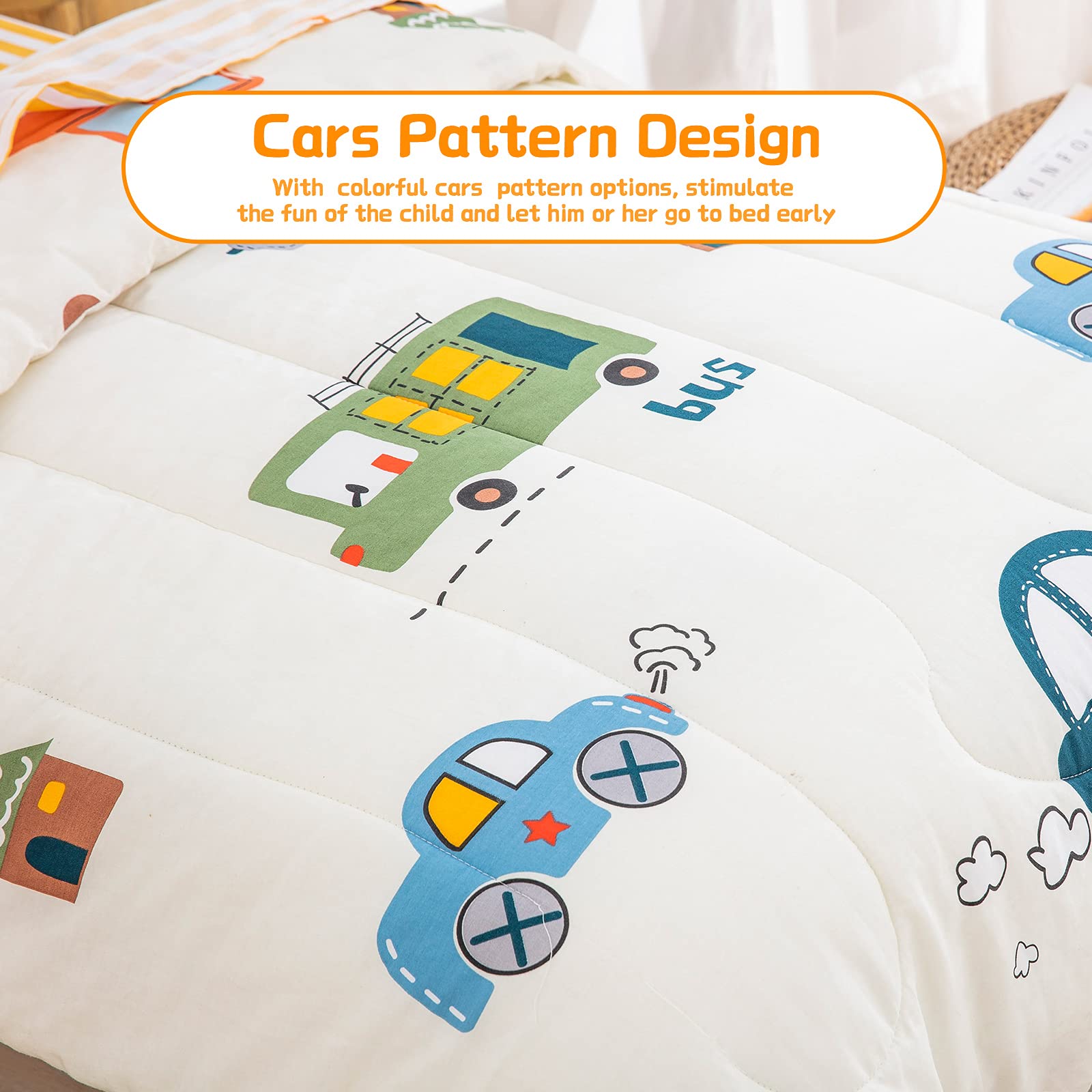 WONGS BEDDING Cars Toddler Bedding Set - 100% Cotton Soft Reversible Crib Bedding for Boys & Girls (4-Piece Set with Comforter, Flat Sheet, Fitted Sheet & Pillowcase) - Perfect for Nursery, Daycare & Toddler Rooms