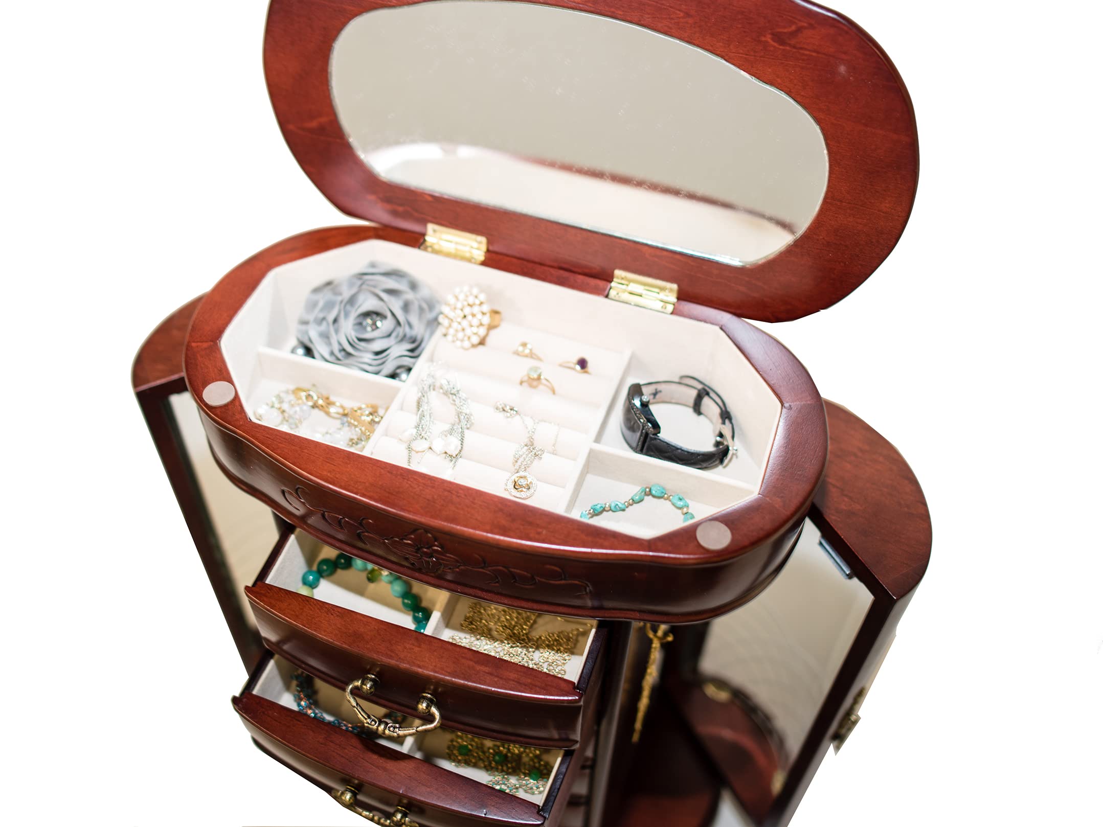 Amelia Etched Glass Jewelry Chest - Cherry Wood Jewelry Box with Honeycomb Design - Perfect for Gift, Wedding, Anniversary & Home Decor