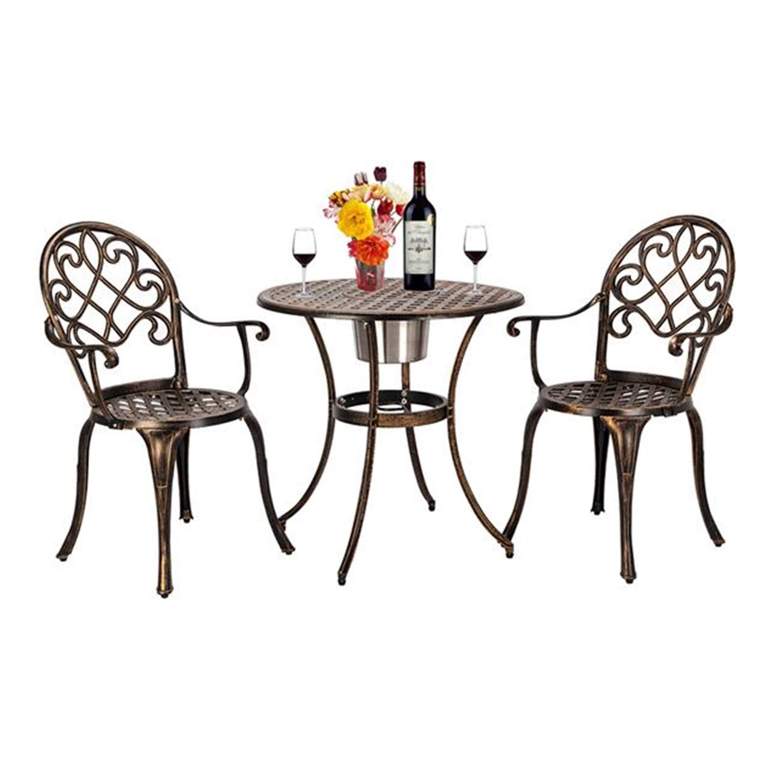 European Style Cast Aluminum Outdoor Dining Table Set - 3 Piece Patio Bistro Set with Ice Bucket (Table + 2 Chairs) Bronze Finish - Perfect for Garden, Backyard, Balcony & Poolside Relaxation