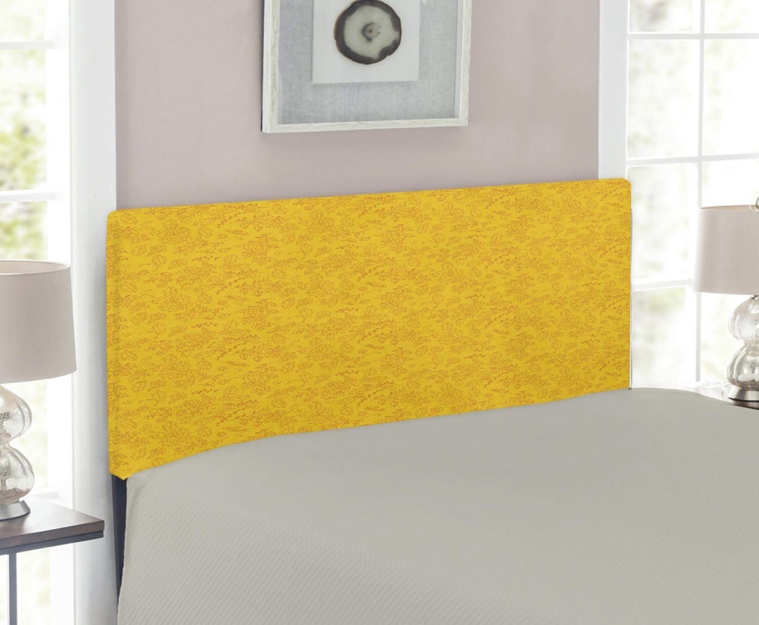 Ambesonne Floral Headboard - Autumn Bay Leaf & Blueberry Pattern, Upholstered Decorative Metal Bed Frame with Memory Foam, Twin Size, Marigold | Perfect for Fall Bedroom Decor & Cozy Seasonal Styling